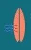 A stylized orange surfboard with waves on a teal background.