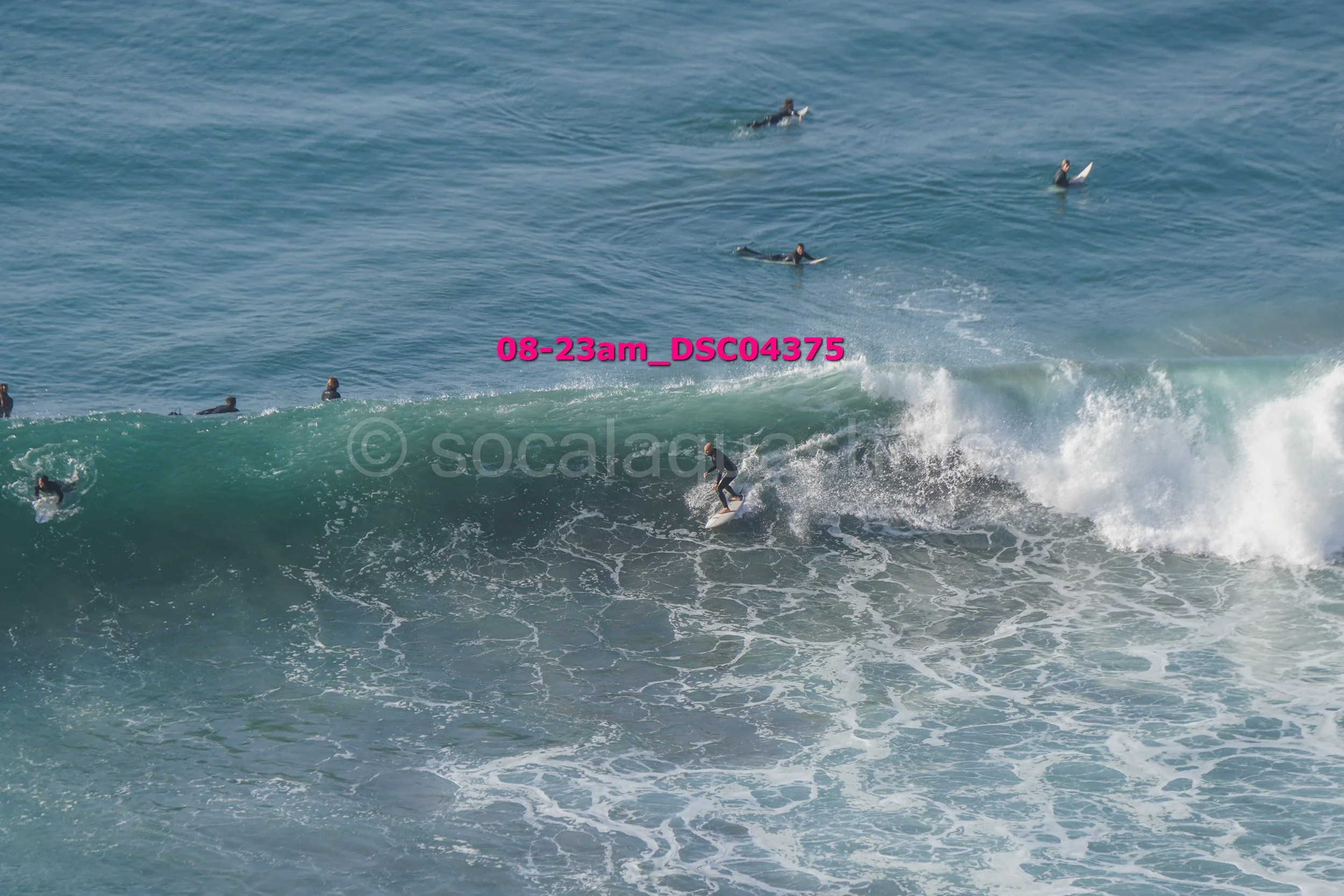 Group of surfers in the ocean, some riding a wave and others waiting in the water.
