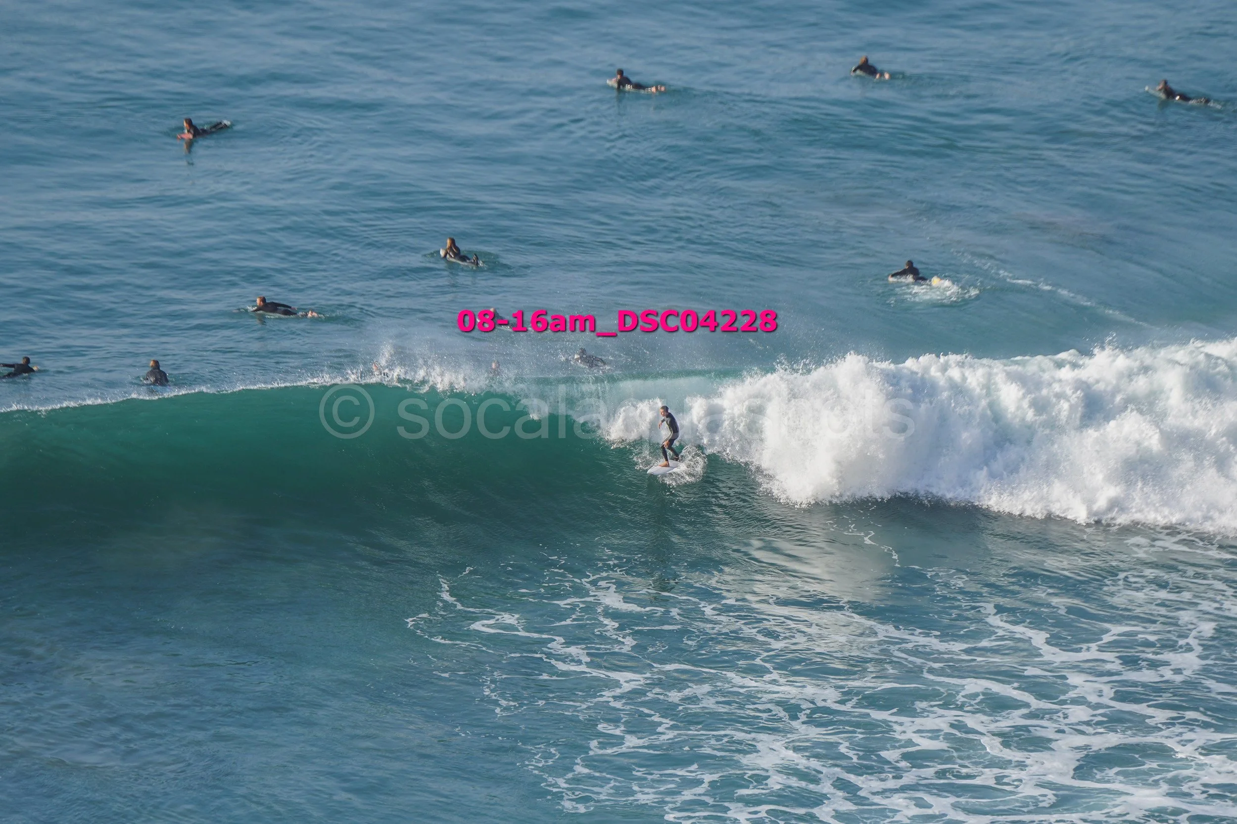 A person surfing on a wave with several people swimming in the ocean in the background.