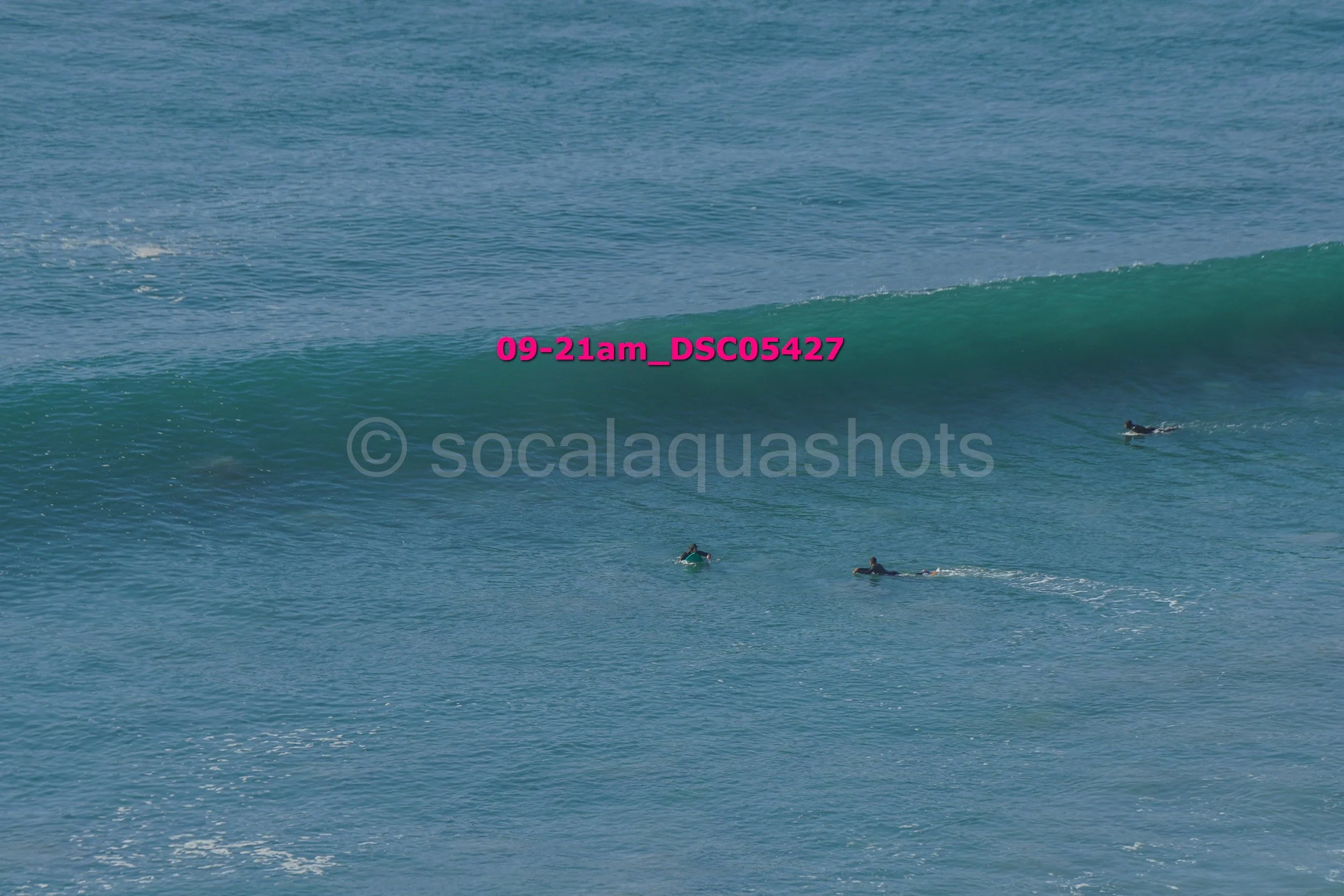 Three surfers in wetsuits paddling on surfboards near a large ocean wave.
