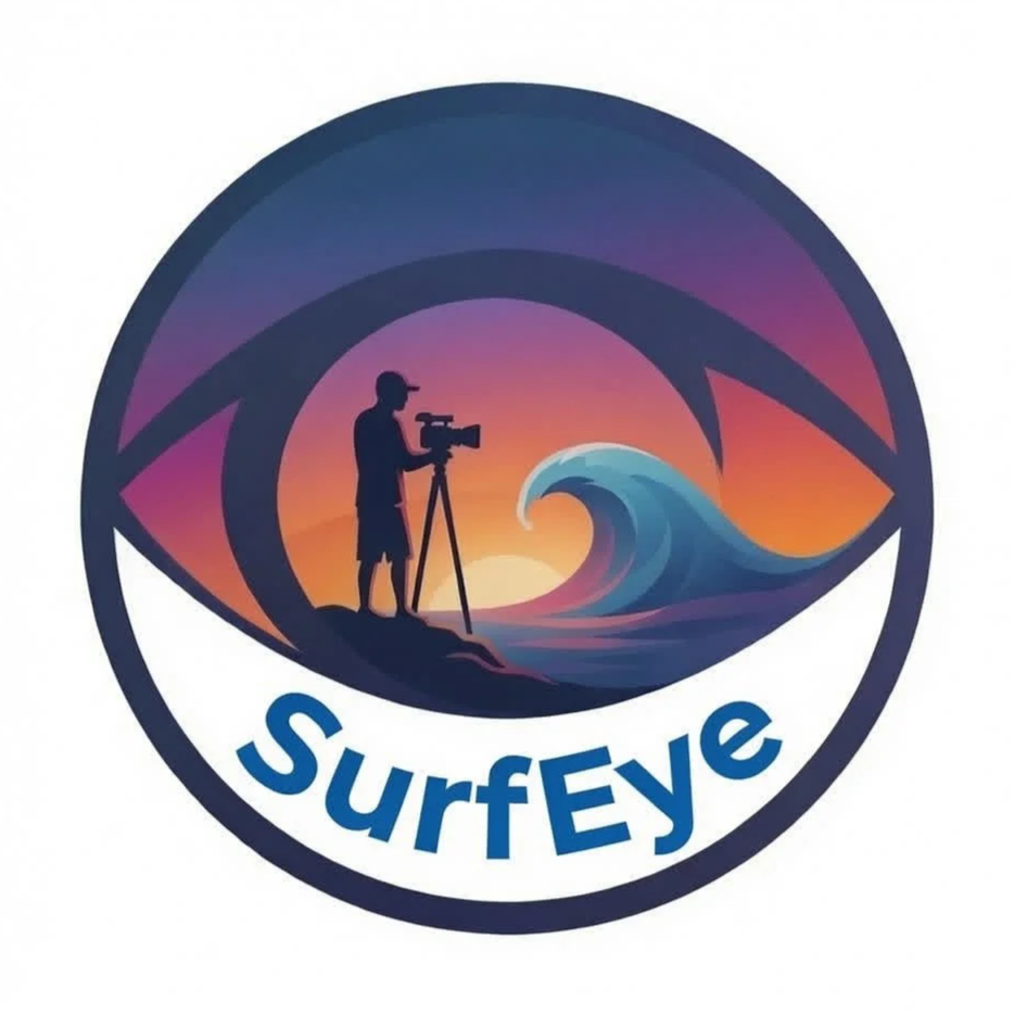 Logo featuring a sunset over the ocean with a silhouetted person operating a camera on a tripod, inside an eye shape, with the word 'SurfEye' at the bottom.