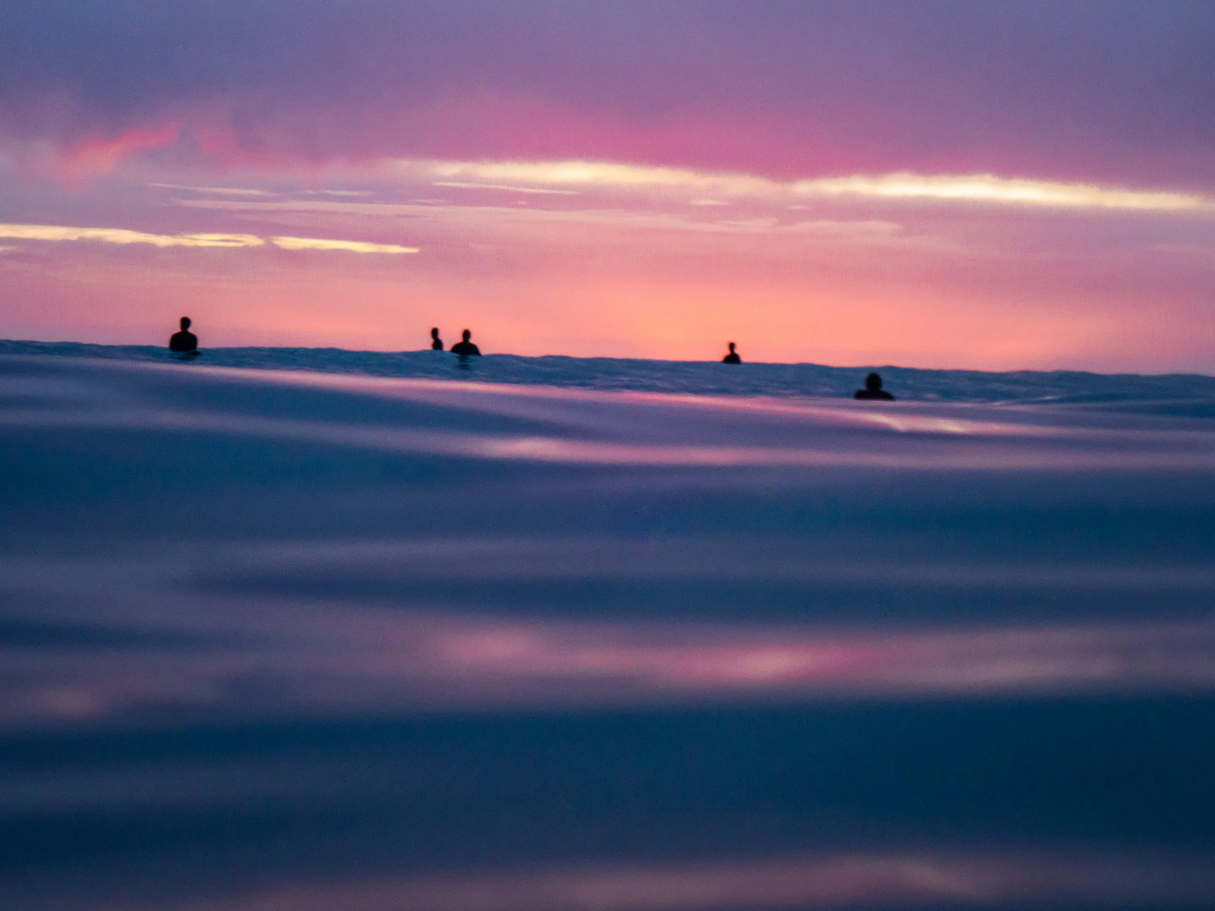 Silhouettes of five people in the water during sunset with pink and purple sky.