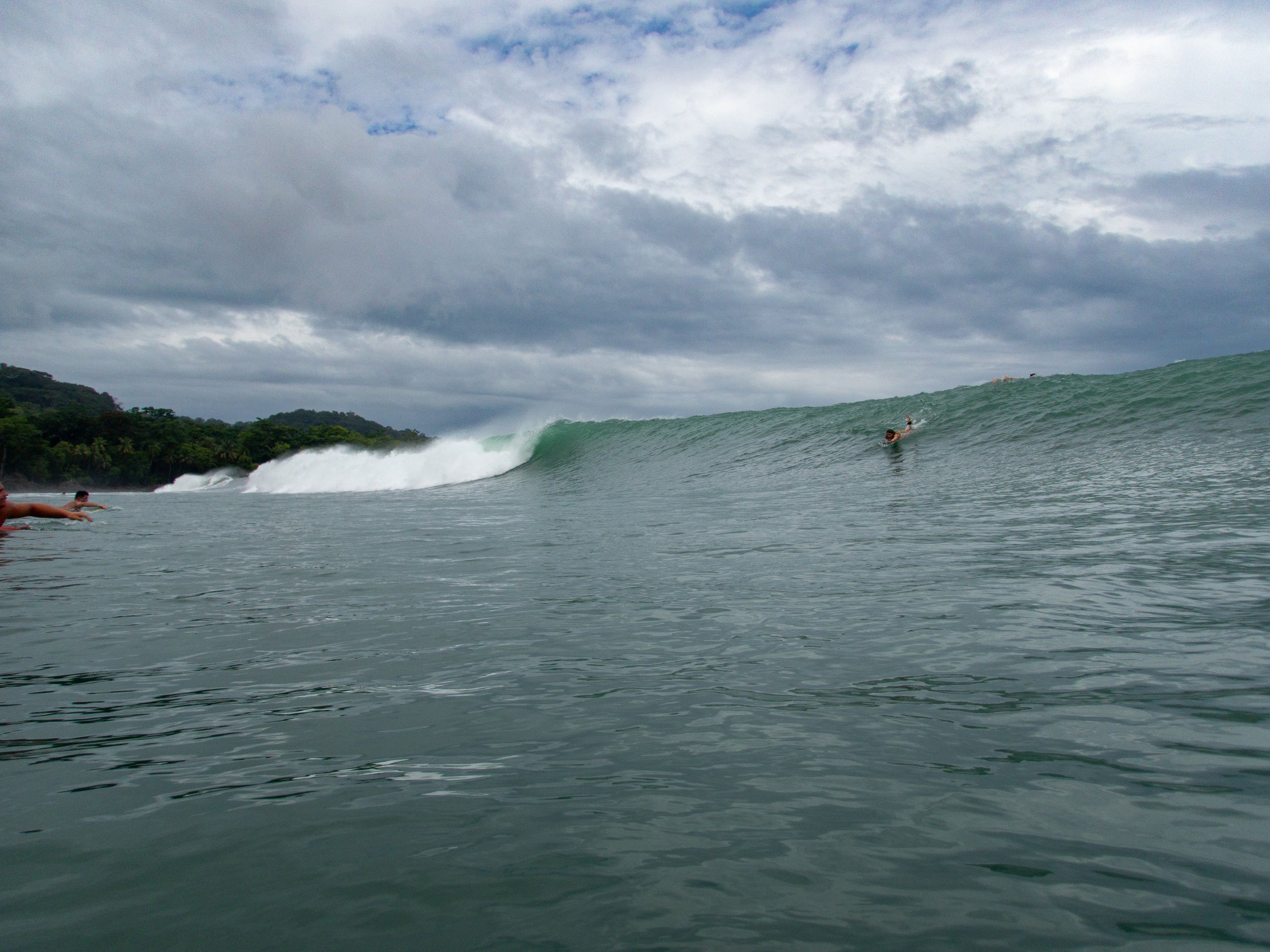 Surfers paddling towards a large wave in the ocean with cloudy sky and lush coastline in the background.