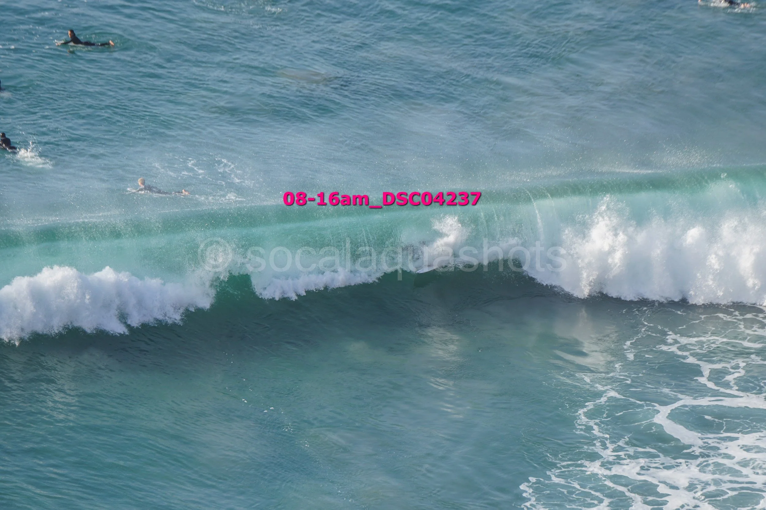 People surfing in the ocean, some on surfboards and one in the water, with waves and water spray.
