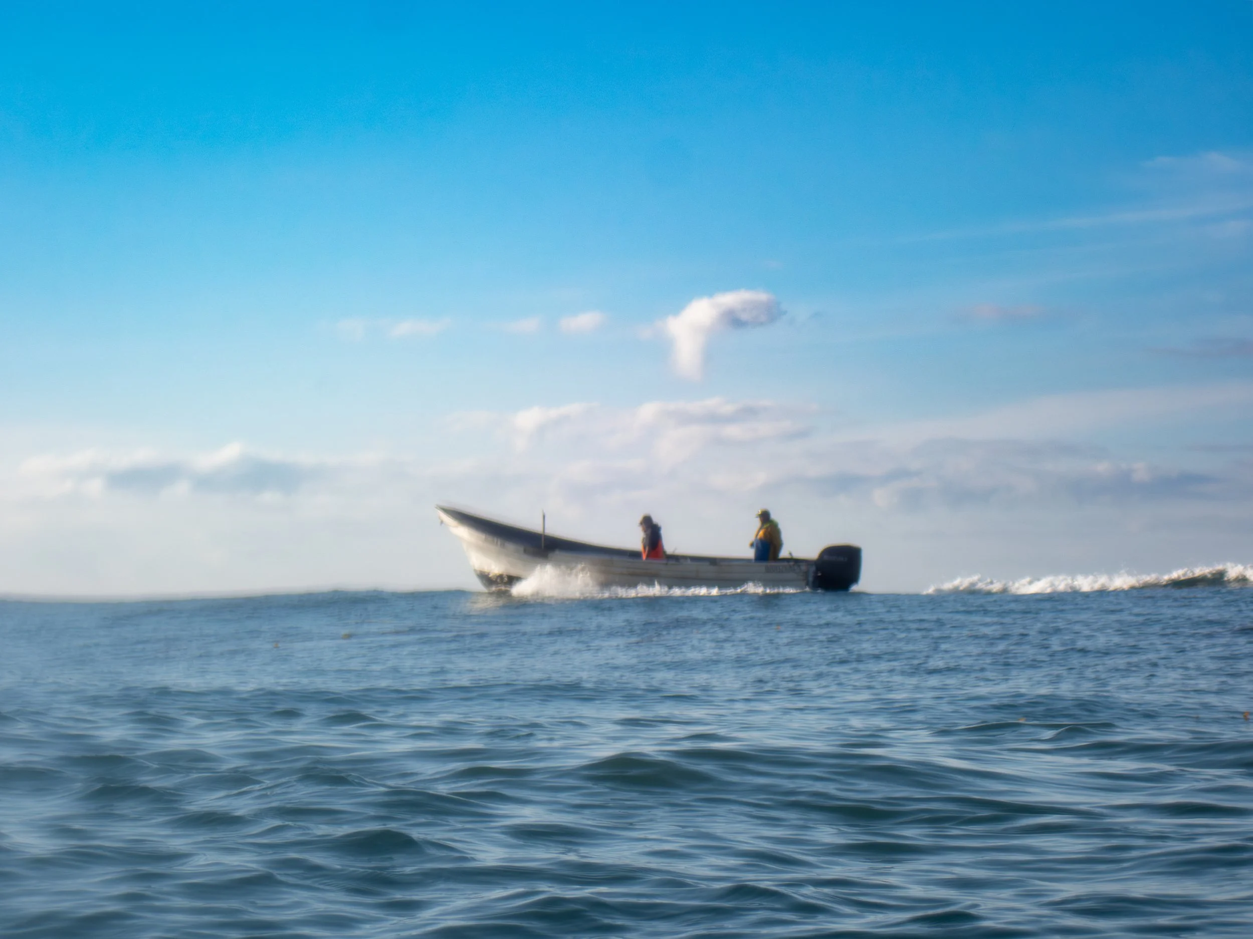 A motorboat speeding on open water with two passengers aboard, creating a wake behind it, under a blue sky with scattered clouds.