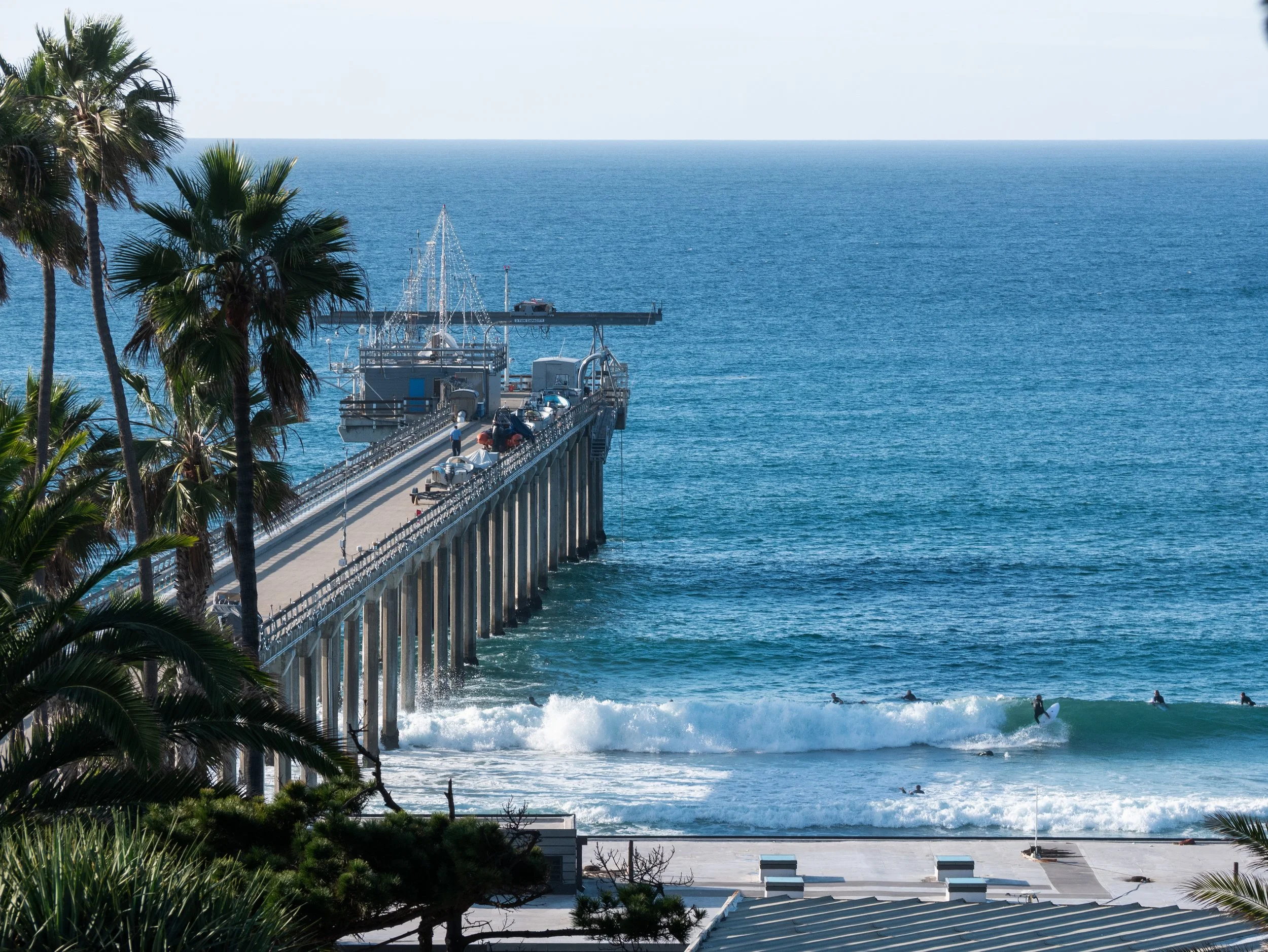 A pier extending into the ocean with cars and people on it, surrounded by palm trees, with surfers in the water near the shore.
