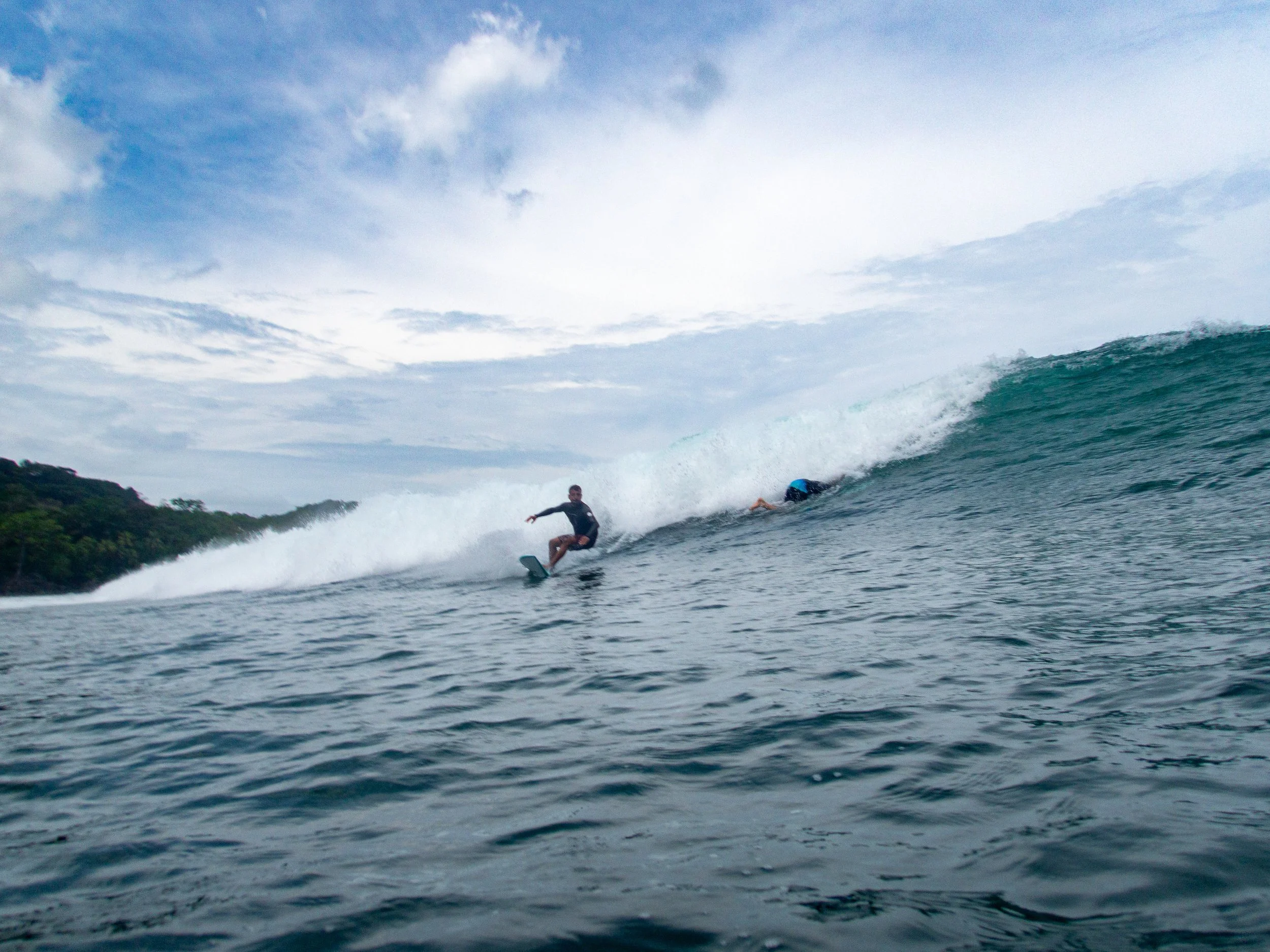 Surfer riding a wave in the ocean near a forested coastline under a cloudy sky.