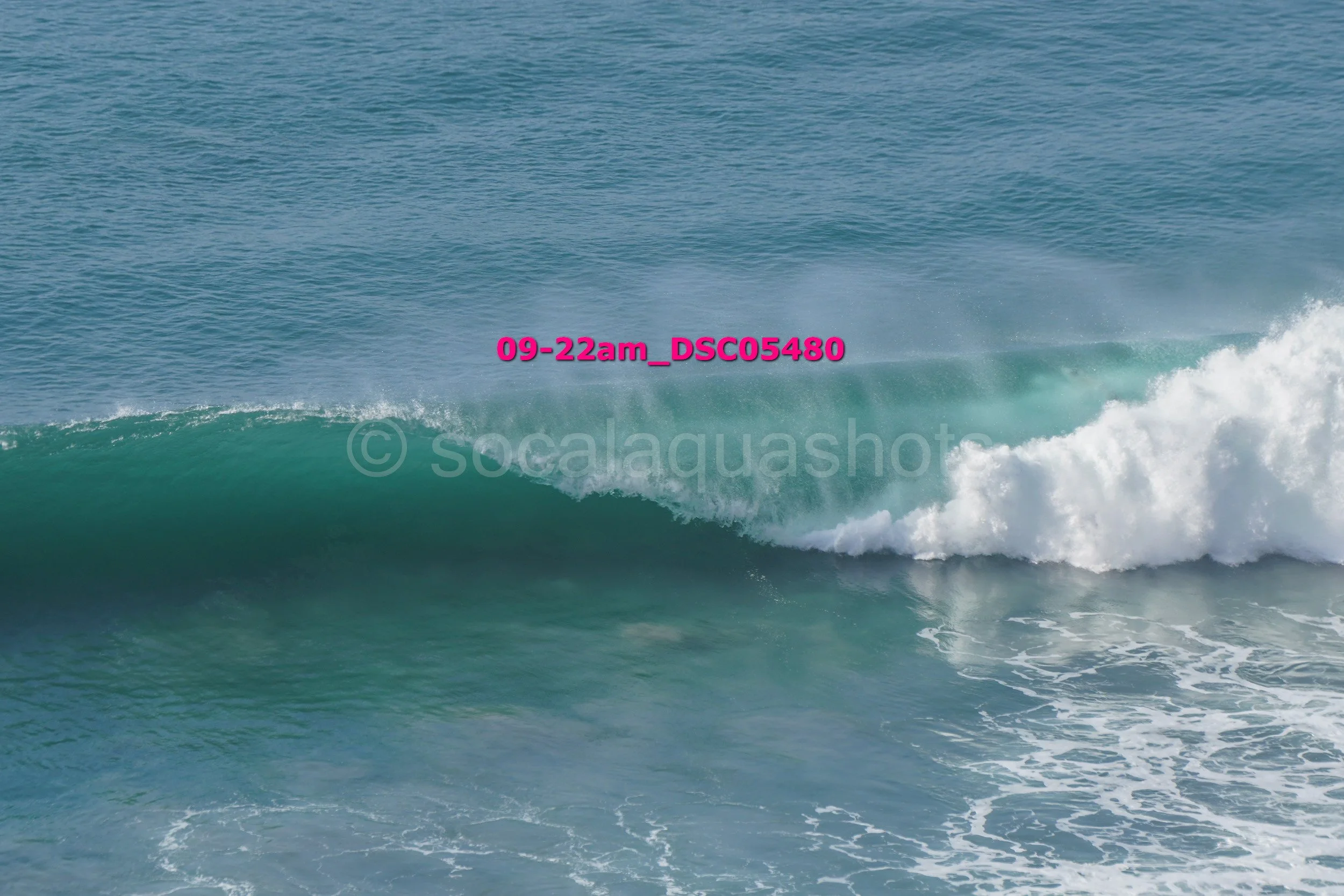 Ocean waves with a clear blue sky in the background.