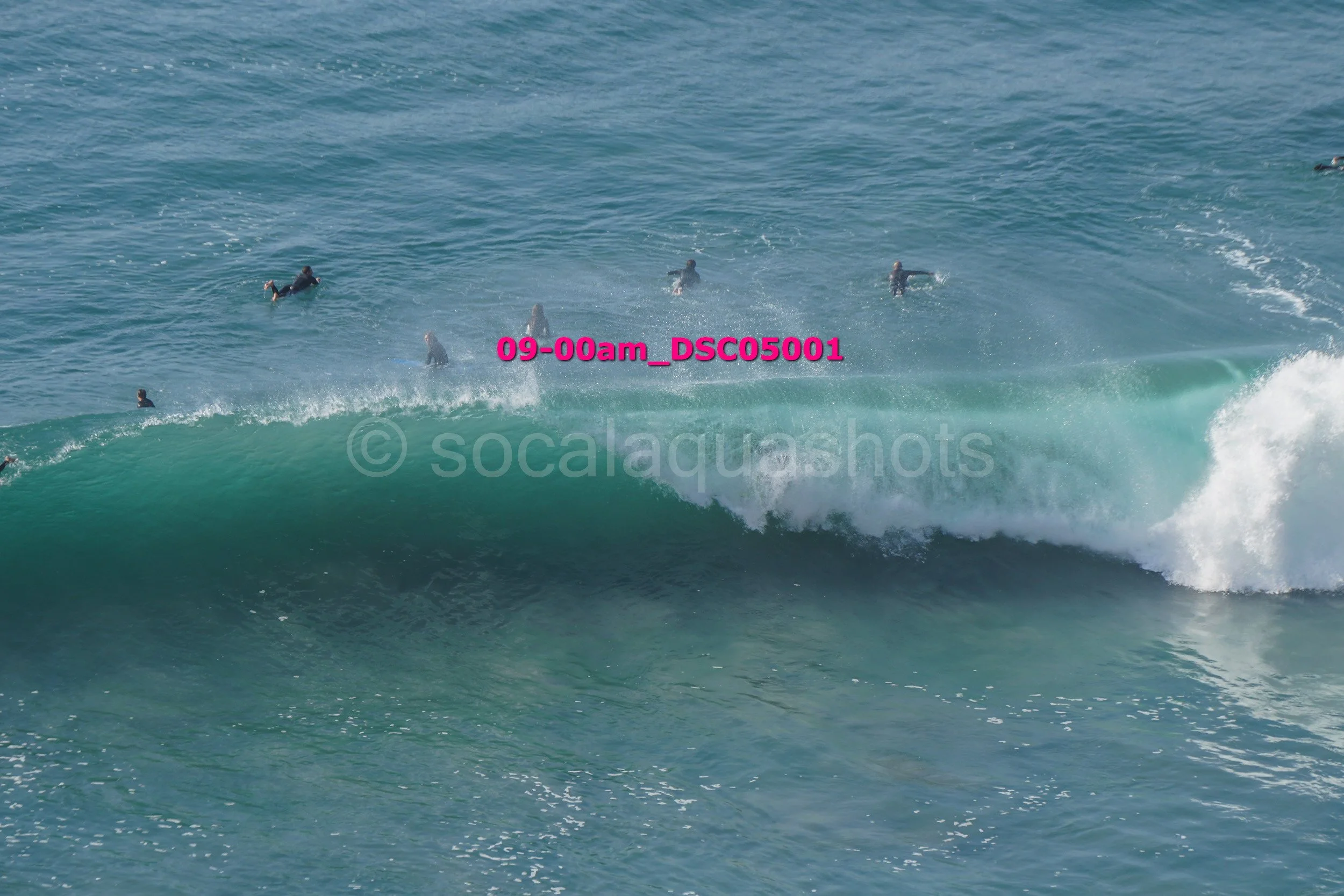 A group of surfers in the ocean, some paddling on surfboards and others riding a large wave, with water splashing around them.