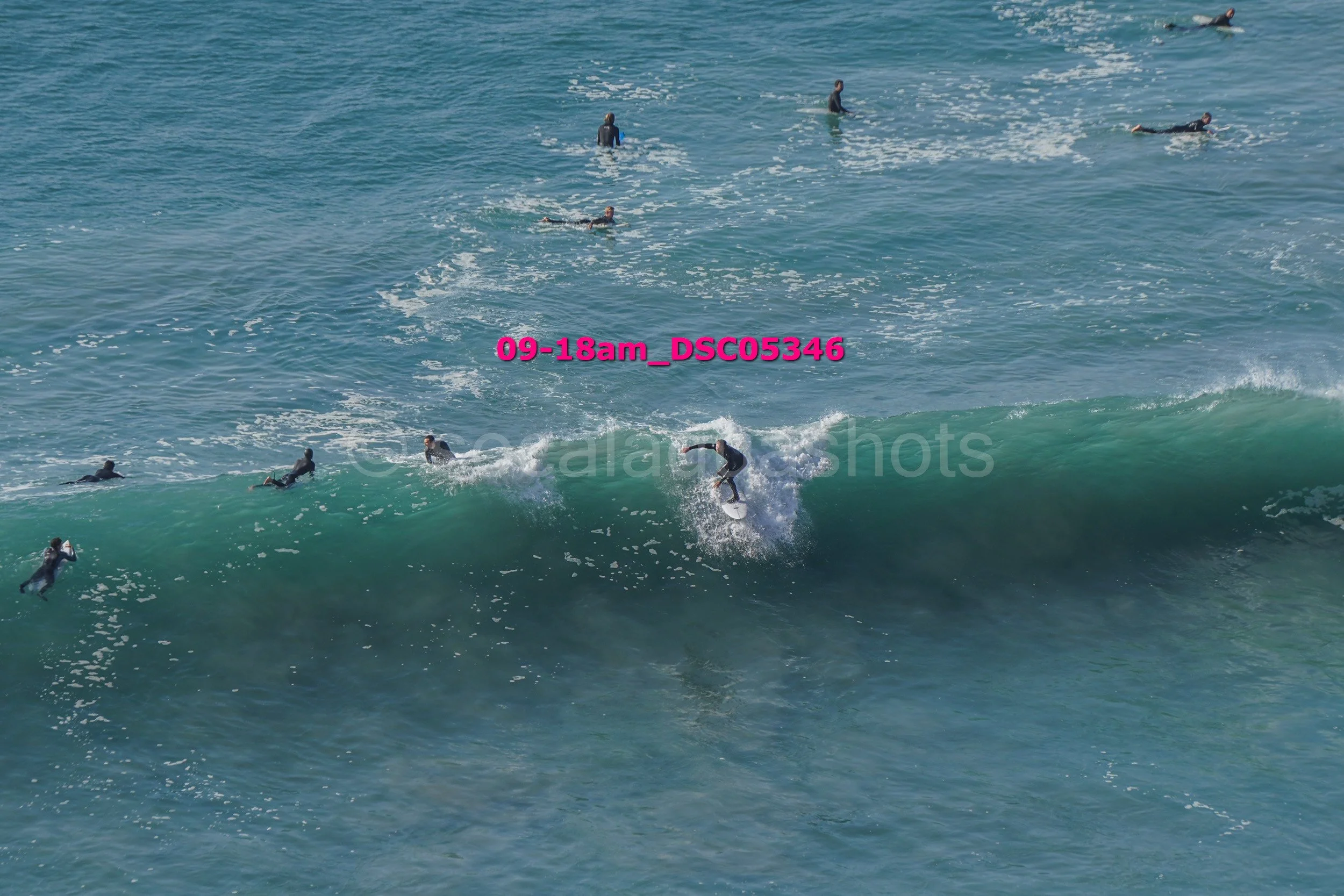 A person surfing a wave in the ocean surrounded by several other surfers floating and swimming in the water.