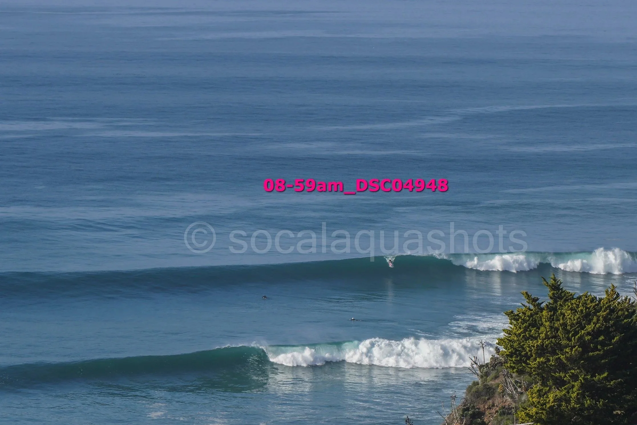 Coastal scene with multiple ocean waves, some surfers in the water, and a hillside with trees in the foreground.