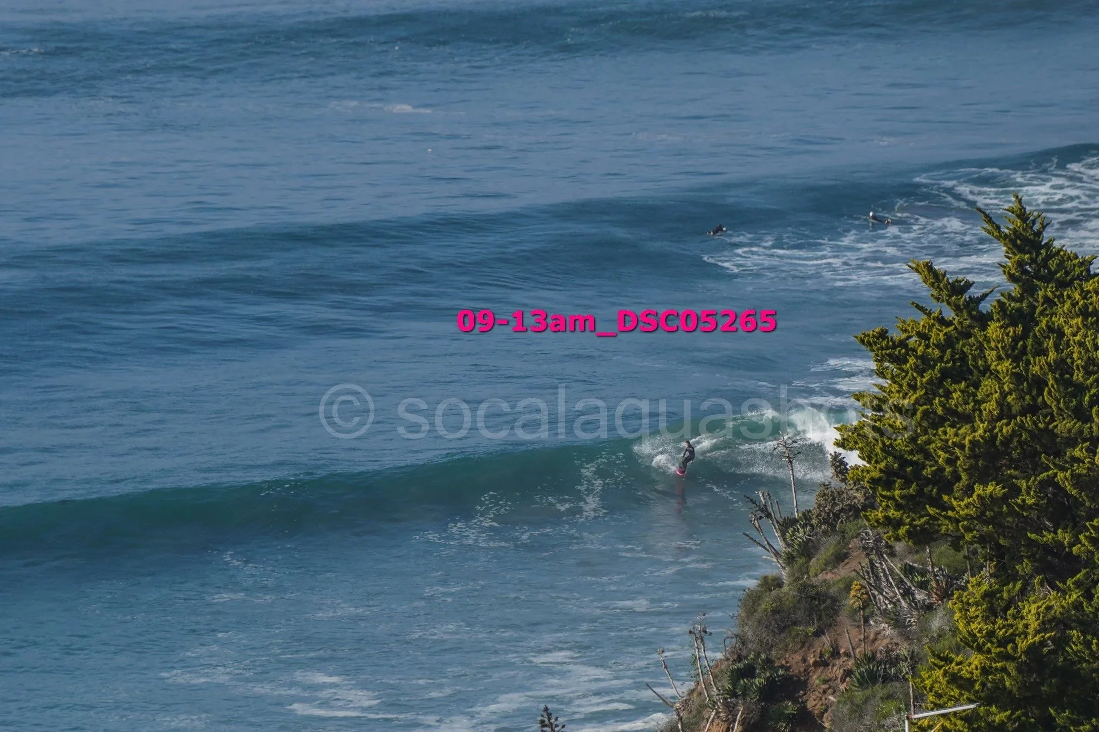 A person surfing near a rocky coastline with lush green trees, on a sunny day with blue ocean waves.