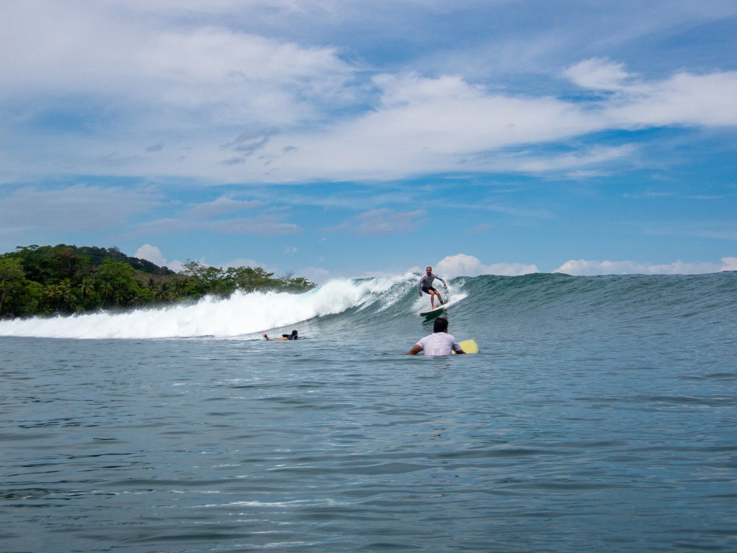 Surfer riding a wave with ocean and tropical landscape in background