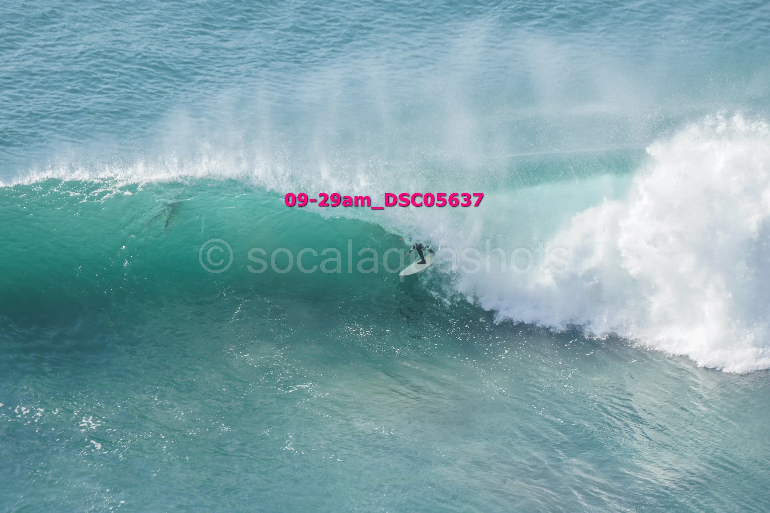 Surfer riding inside the wave on a surfboard in the ocean.