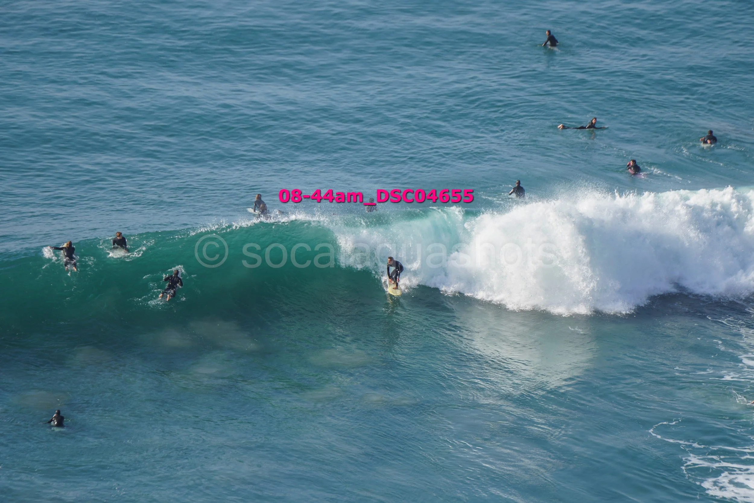 Multiple surfers waiting for and riding ocean waves on a sunny day.