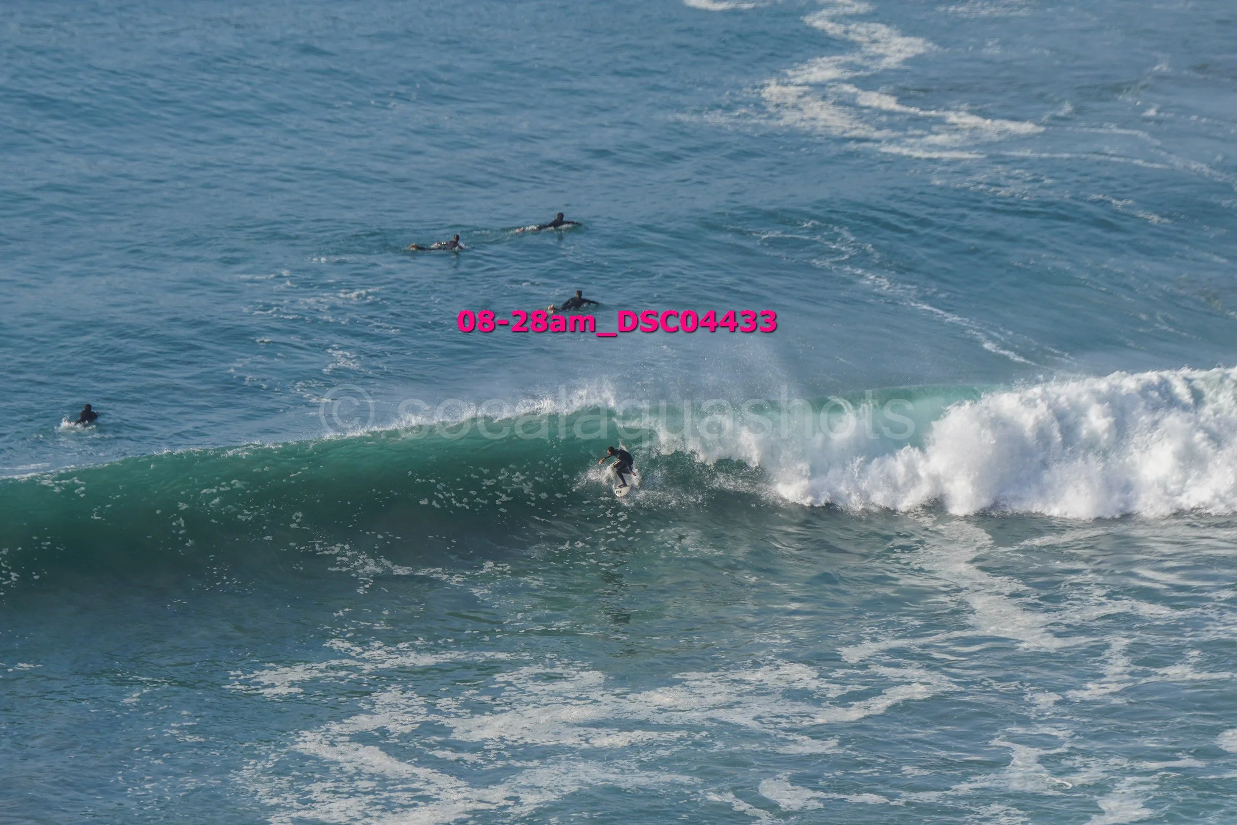 A person surfing on a wave in the ocean with several people swimming nearby.