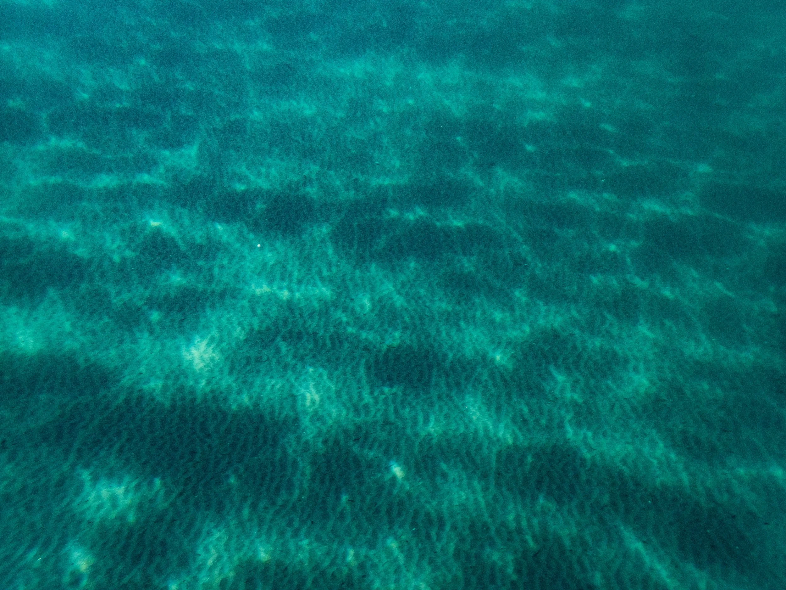 Underwater view of the ocean floor with rippled sand patterns in blue-green water.