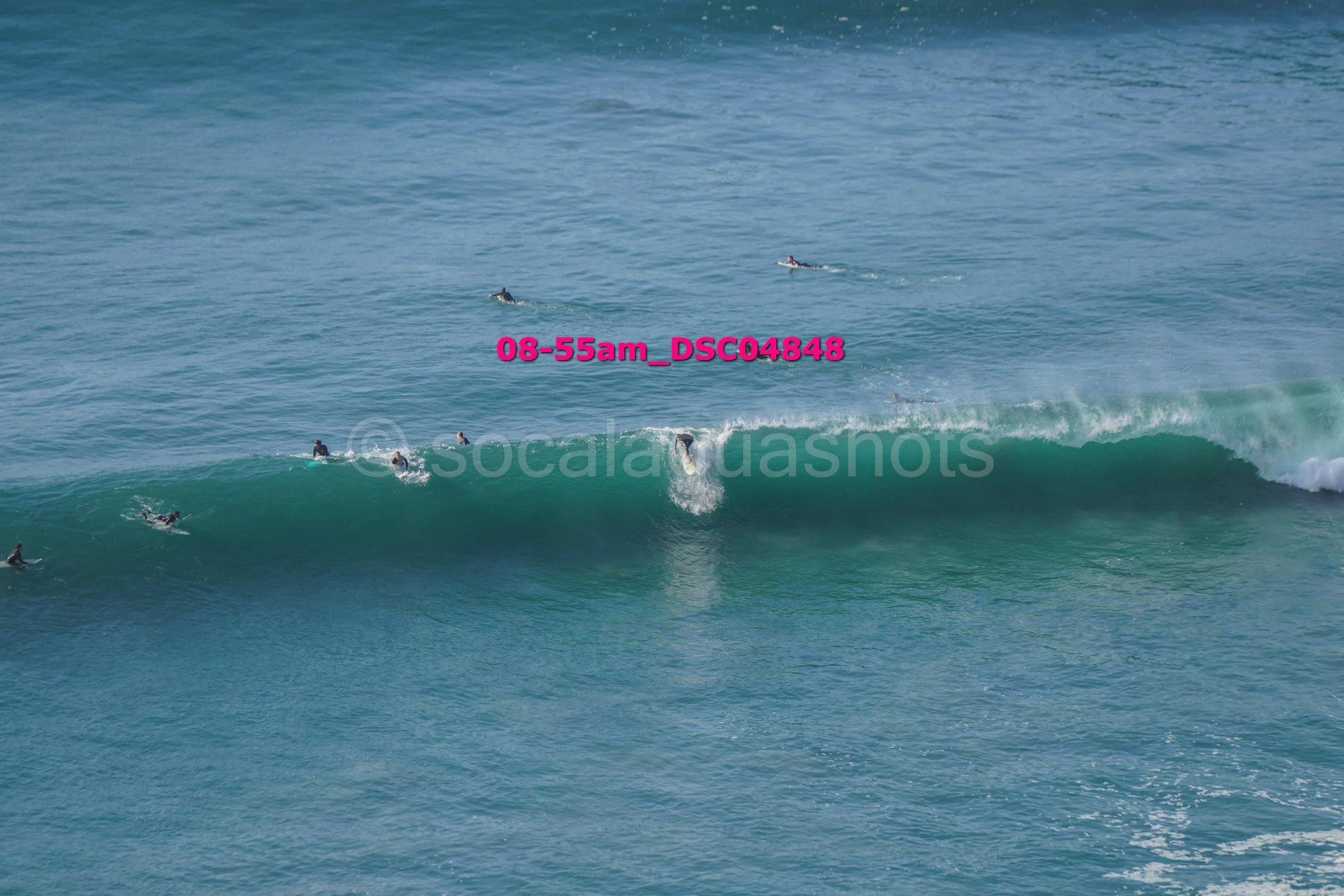 A group of surfers in wetsuits catching or waiting for waves in the ocean. One surfer is riding a wave while others are floating nearby.