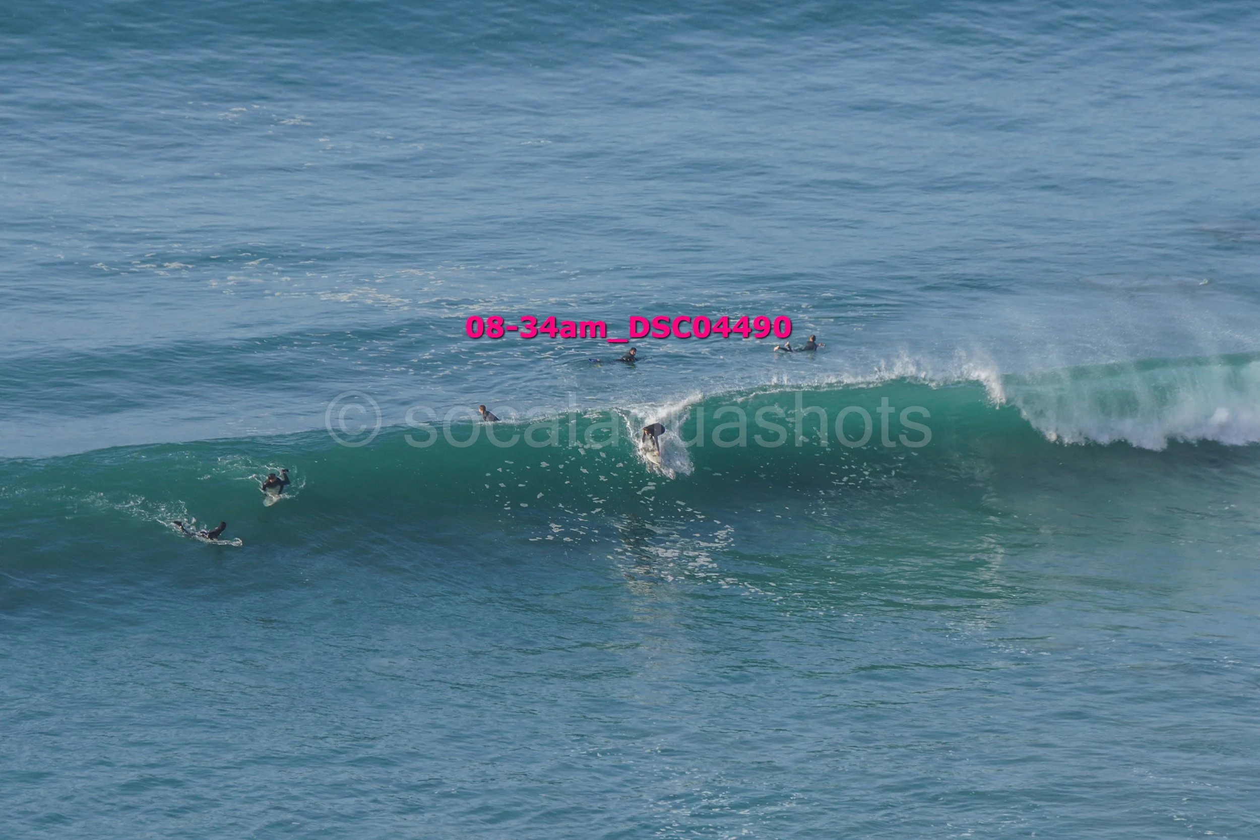 Multiple surfers riding and swimming in ocean waves.