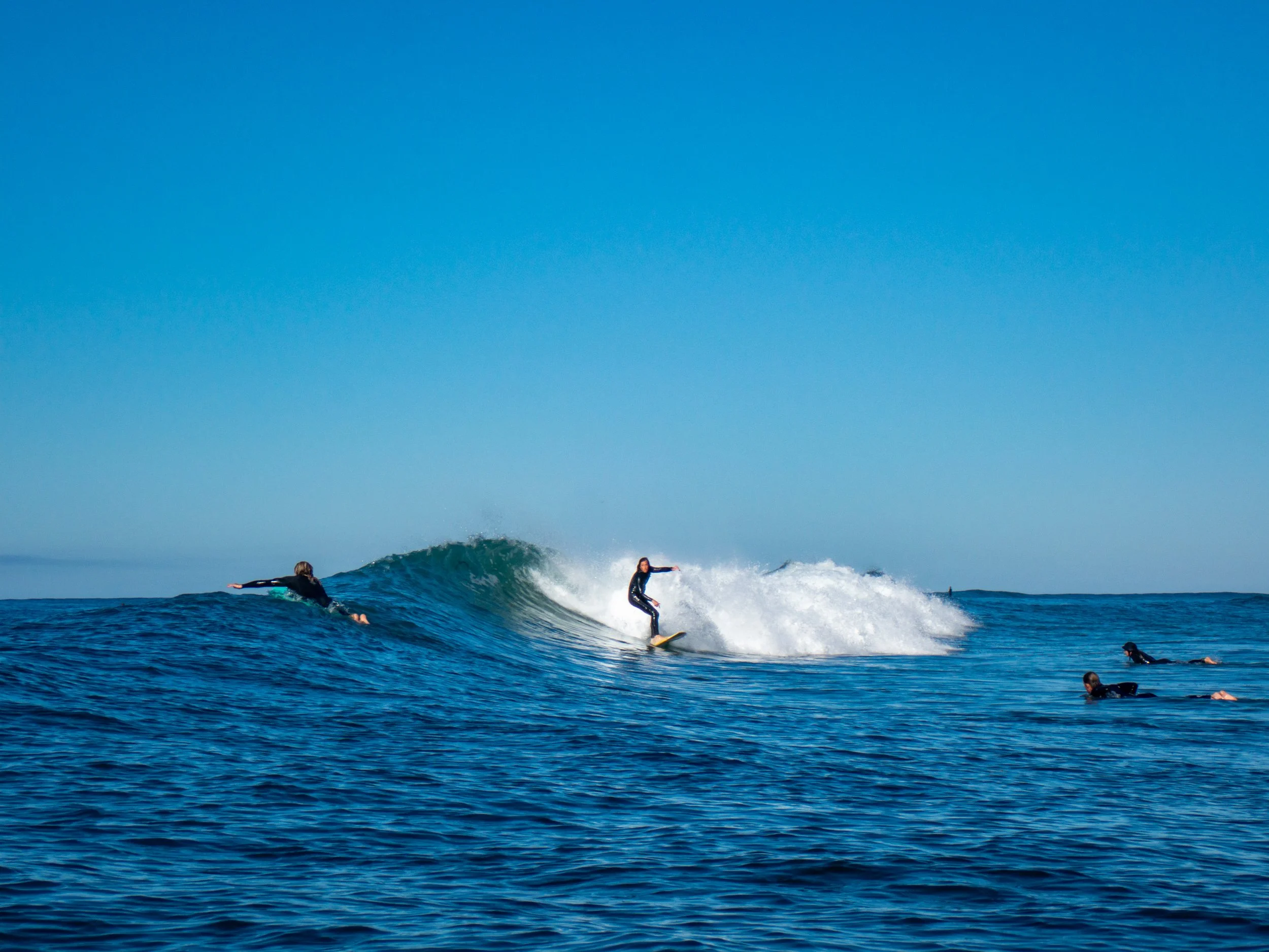 Group of surfers, some paddling and one riding a wave in the ocean under a clear blue sky.