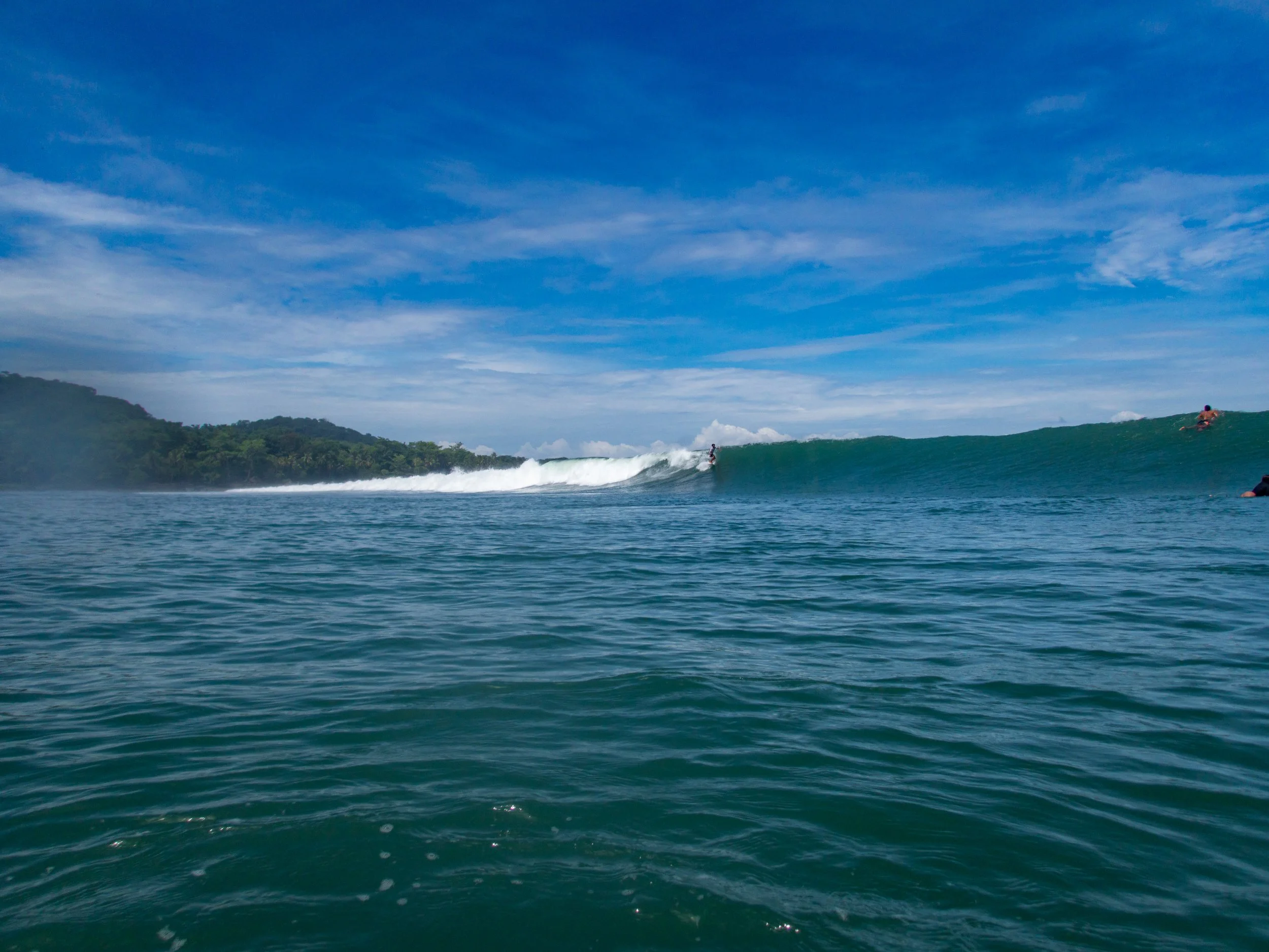Ocean waves with surfers, tropical coastline, blue sky.