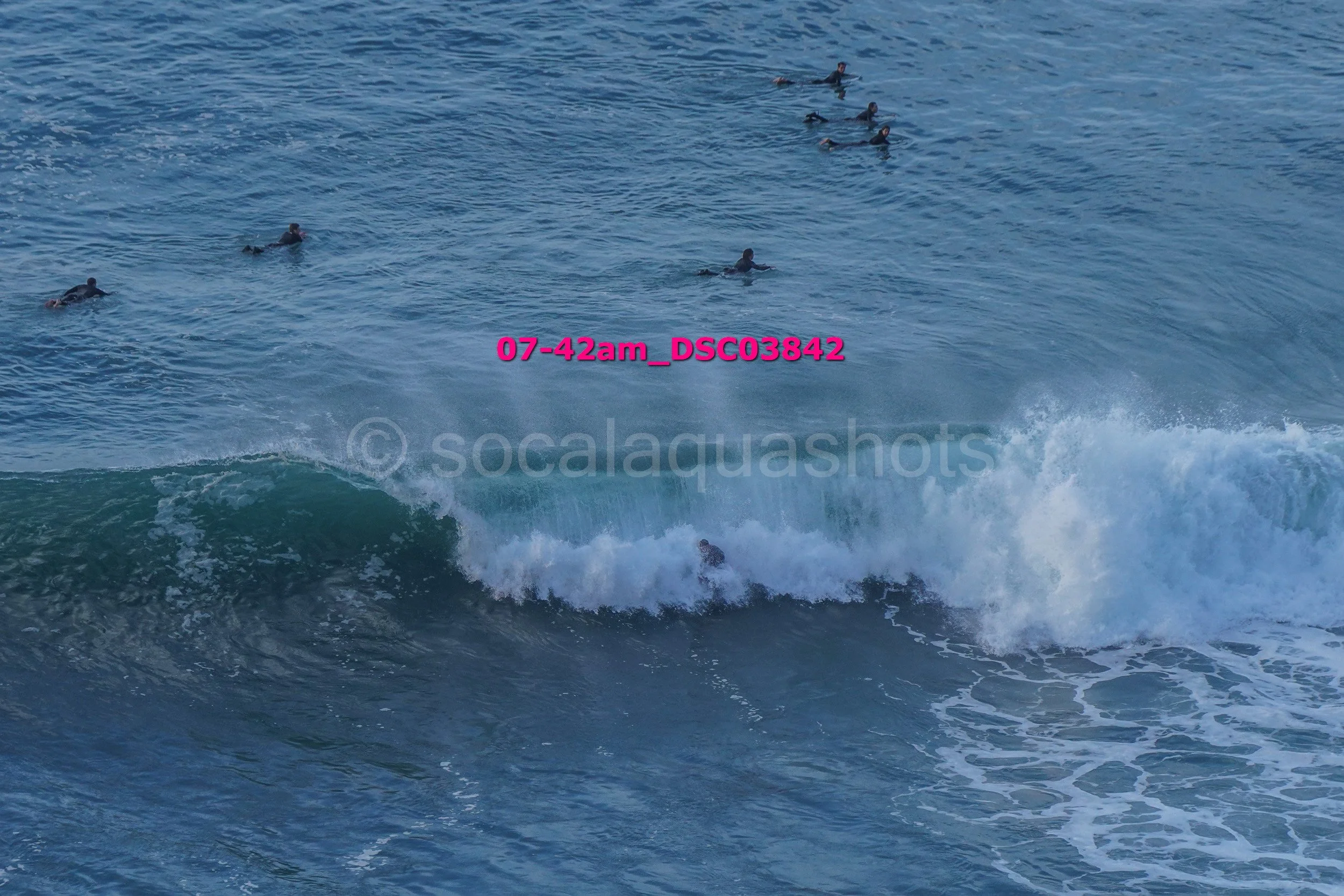 Group of surfers in the ocean, some riding waves and others floating in the water.