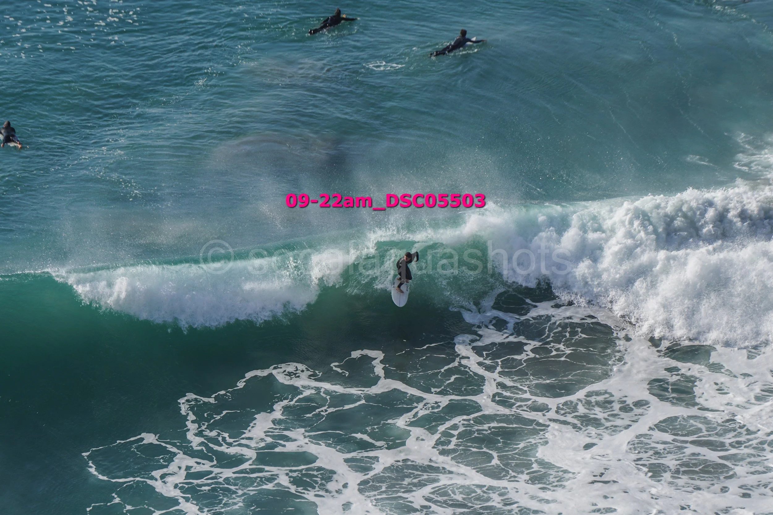 A person surfing on a wave surrounded by other surfers in the ocean.