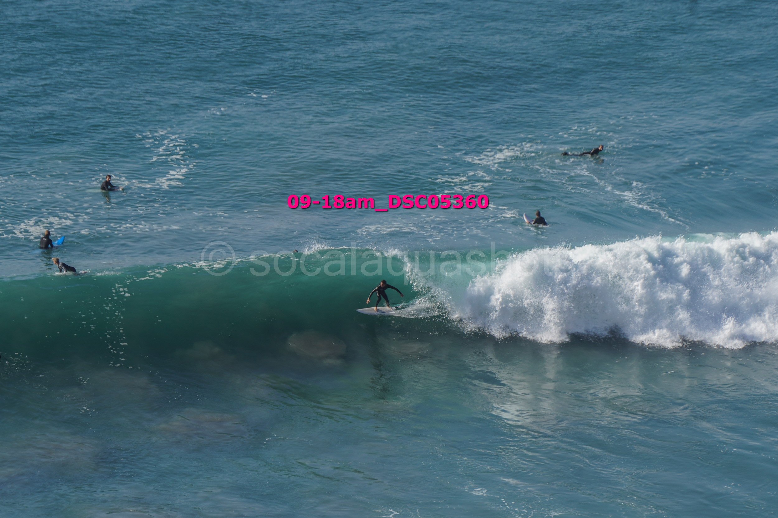 Surfer riding a wave while several surfers wait in the water.