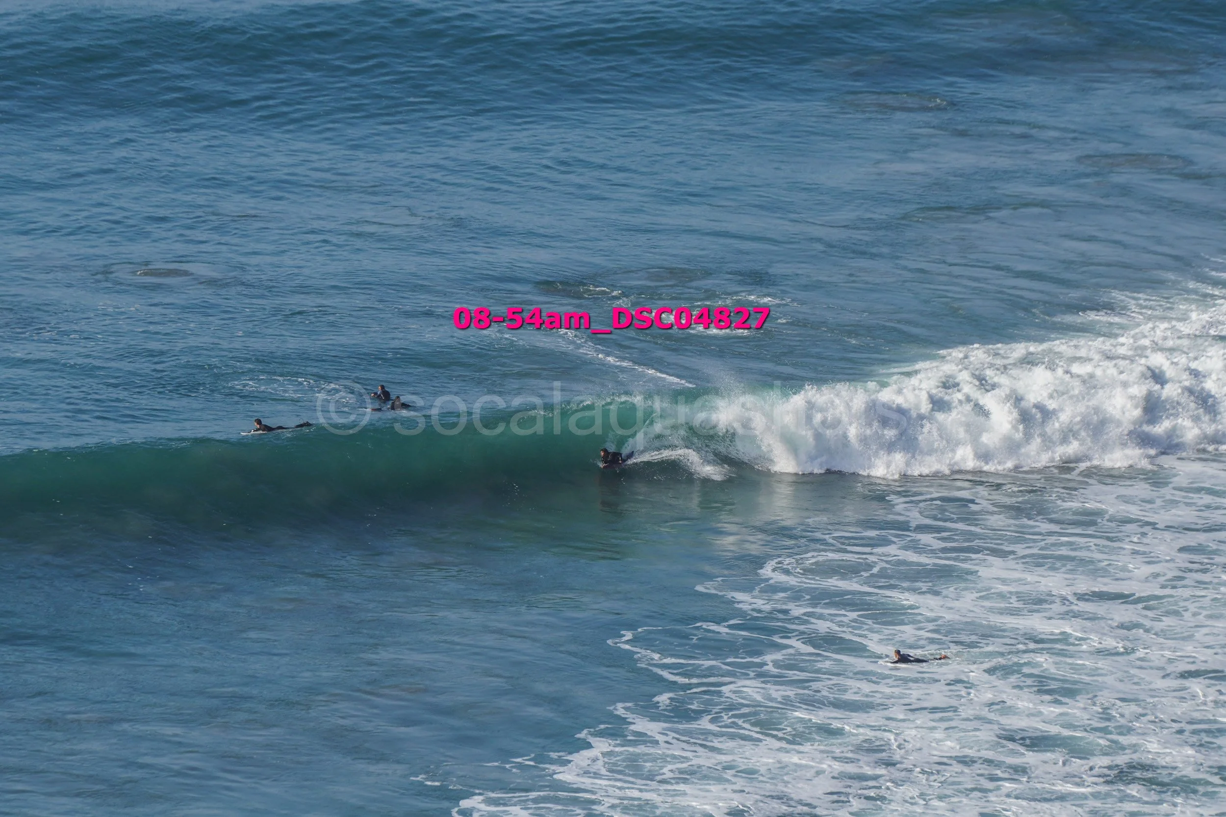 Four surfers in wetsuits surfing in the ocean waves, with one riding a wave close to the shore and three others paddling nearby.