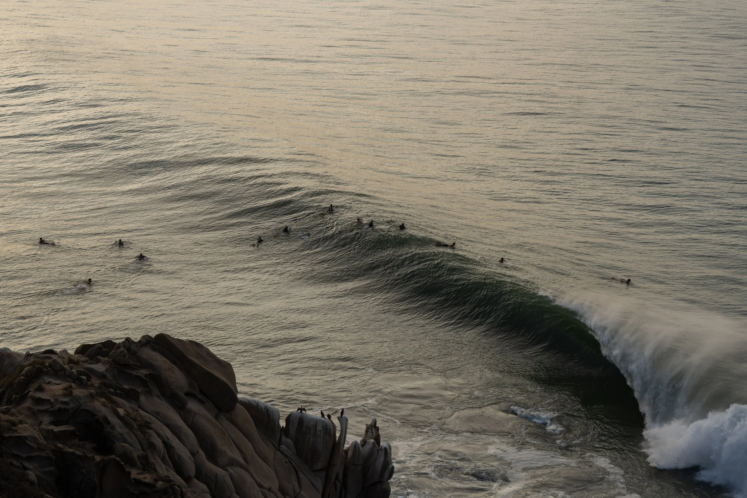 People surfing in the ocean near a rocky shoreline at sunset.
