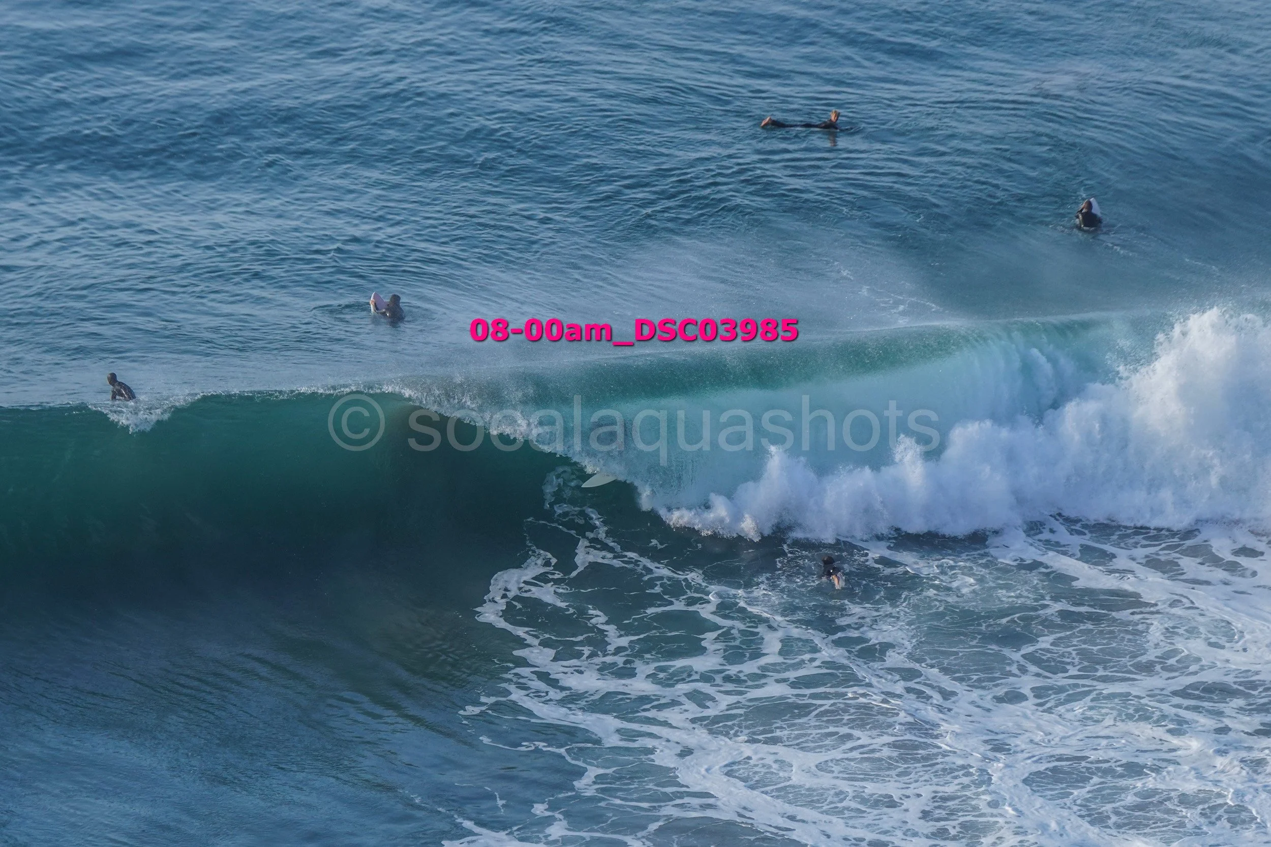 Several surfers in the ocean with some riding a wave and others waiting in the water, with visible foam and waves.