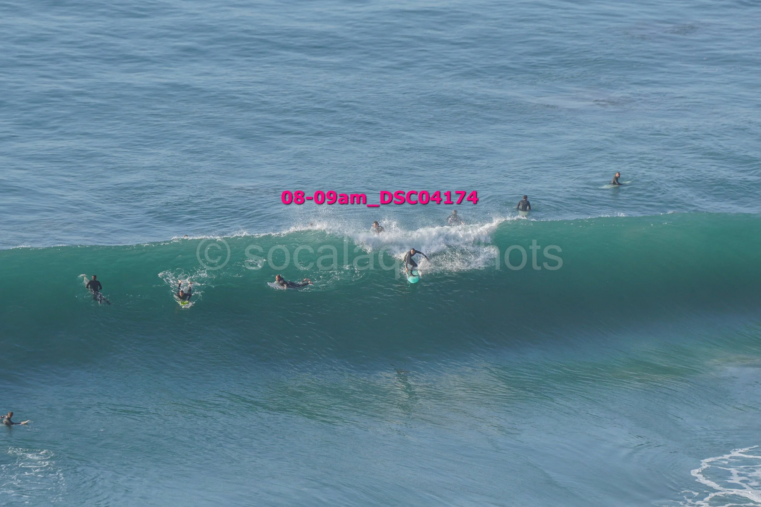 Several surfers riding and swimming in the ocean waves, with one surfer standing on a surfboard catching a wave, and others paddling or swimming nearby.