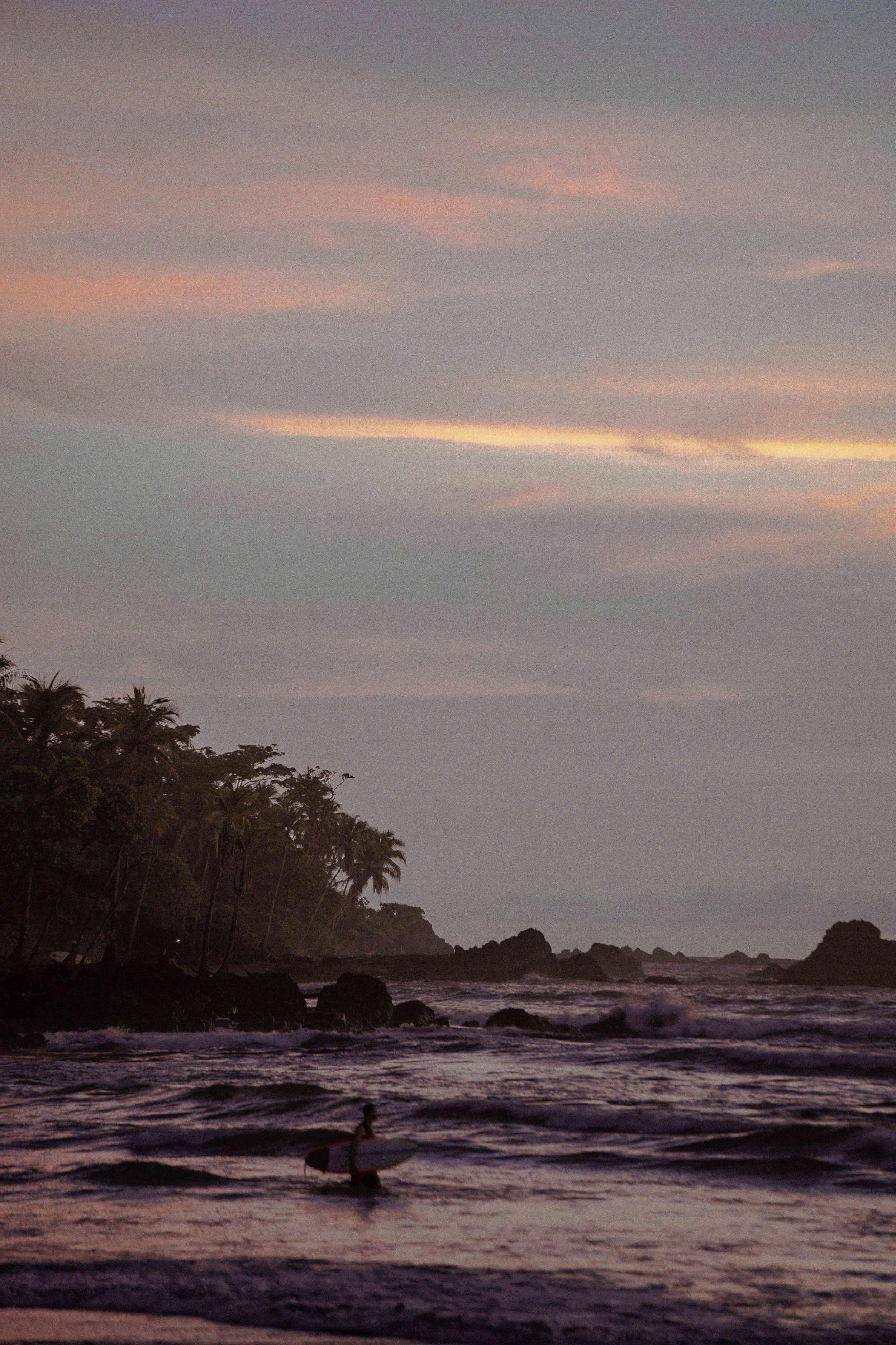 A person surfing in the ocean during sunset with pink and orange clouds, tropical palm trees on a rocky coastline in the background.
