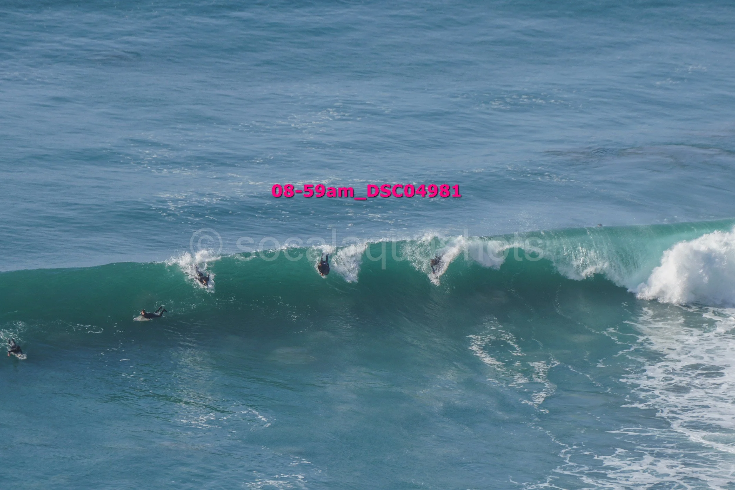 Surfers riding ocean waves with one surfer falling off board, blue water in background.