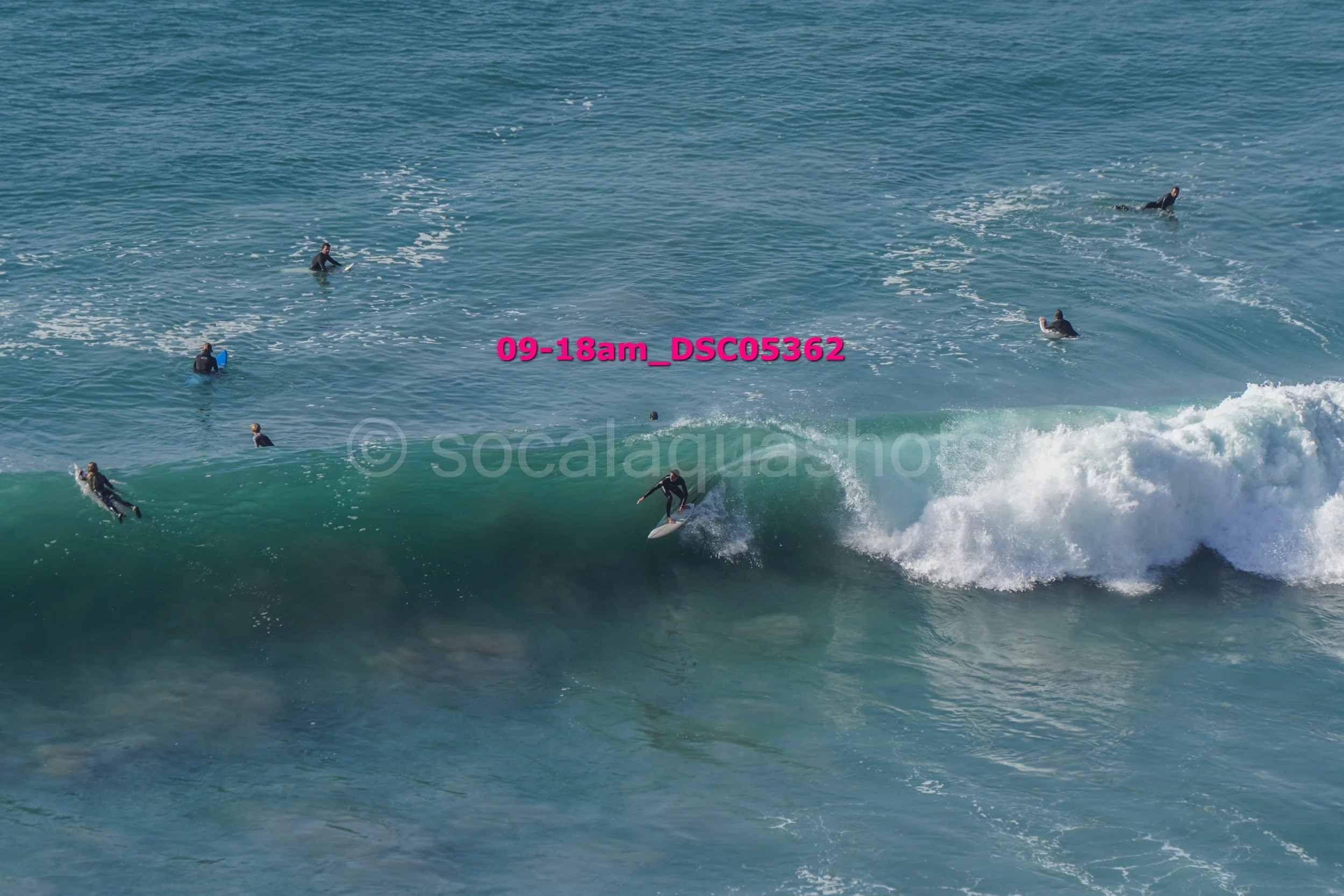 Surfer riding a wave with several surfers in the water around her in the ocean.