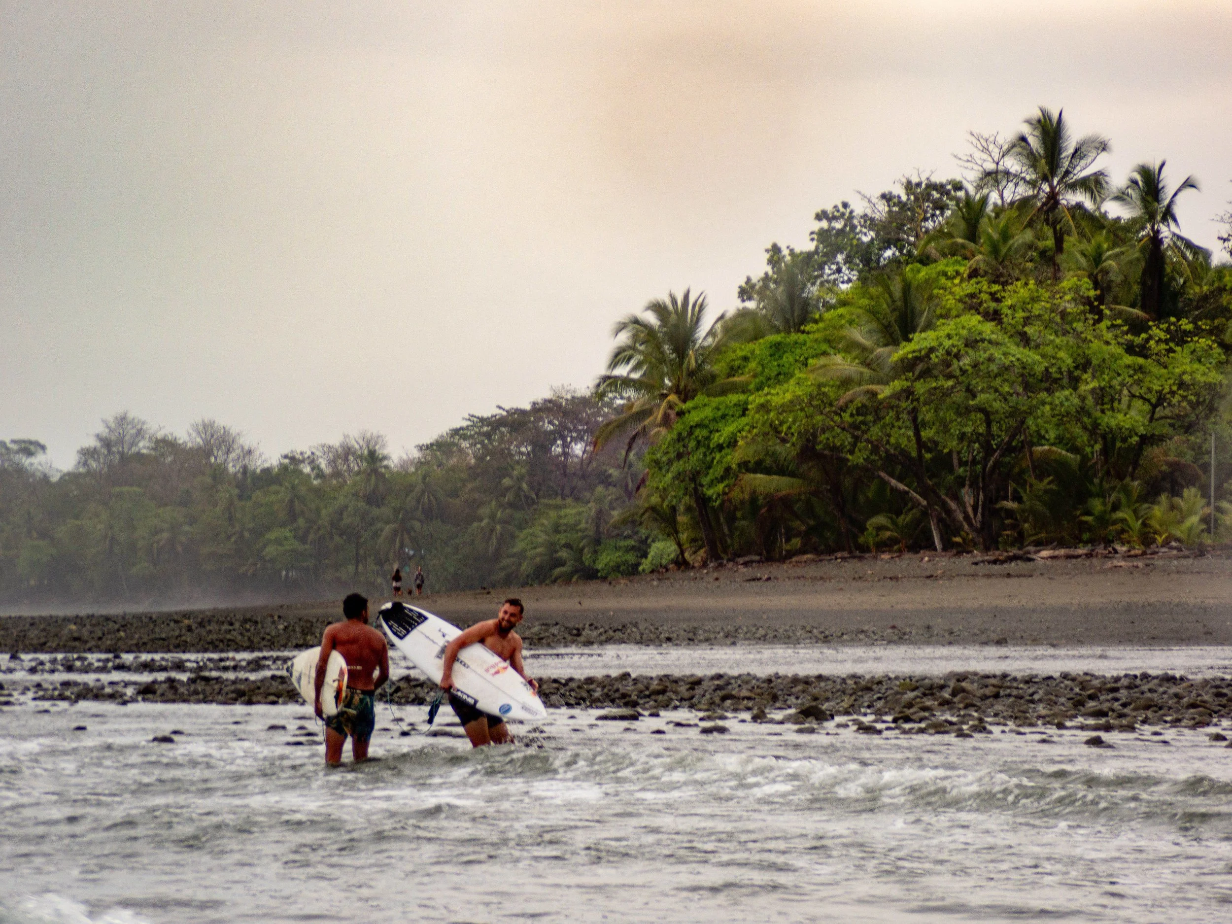 Two men with surfboards walking on a rocky beach with palm trees in the background.