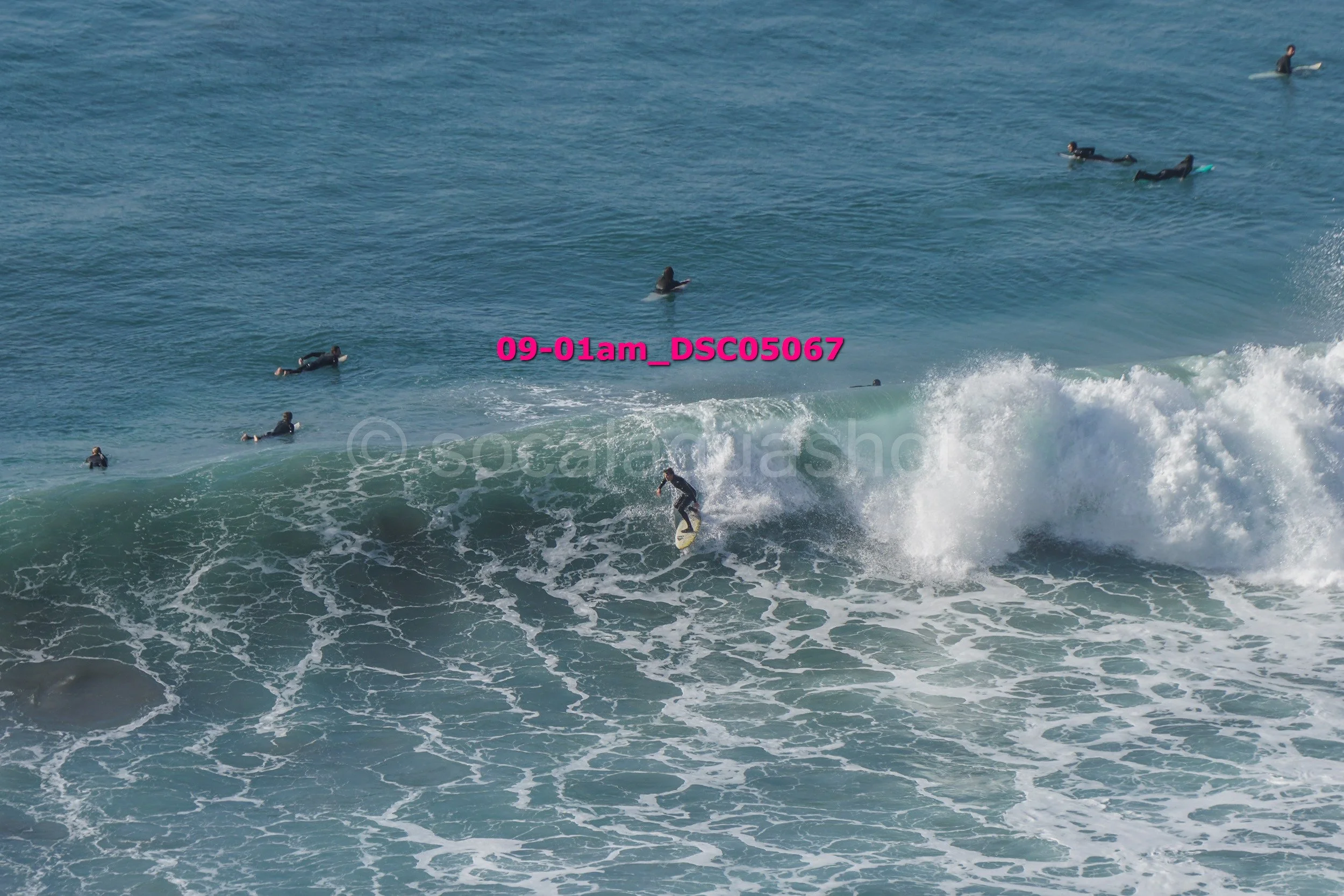 Surfer riding a wave while multiple surfers float in the ocean nearby.