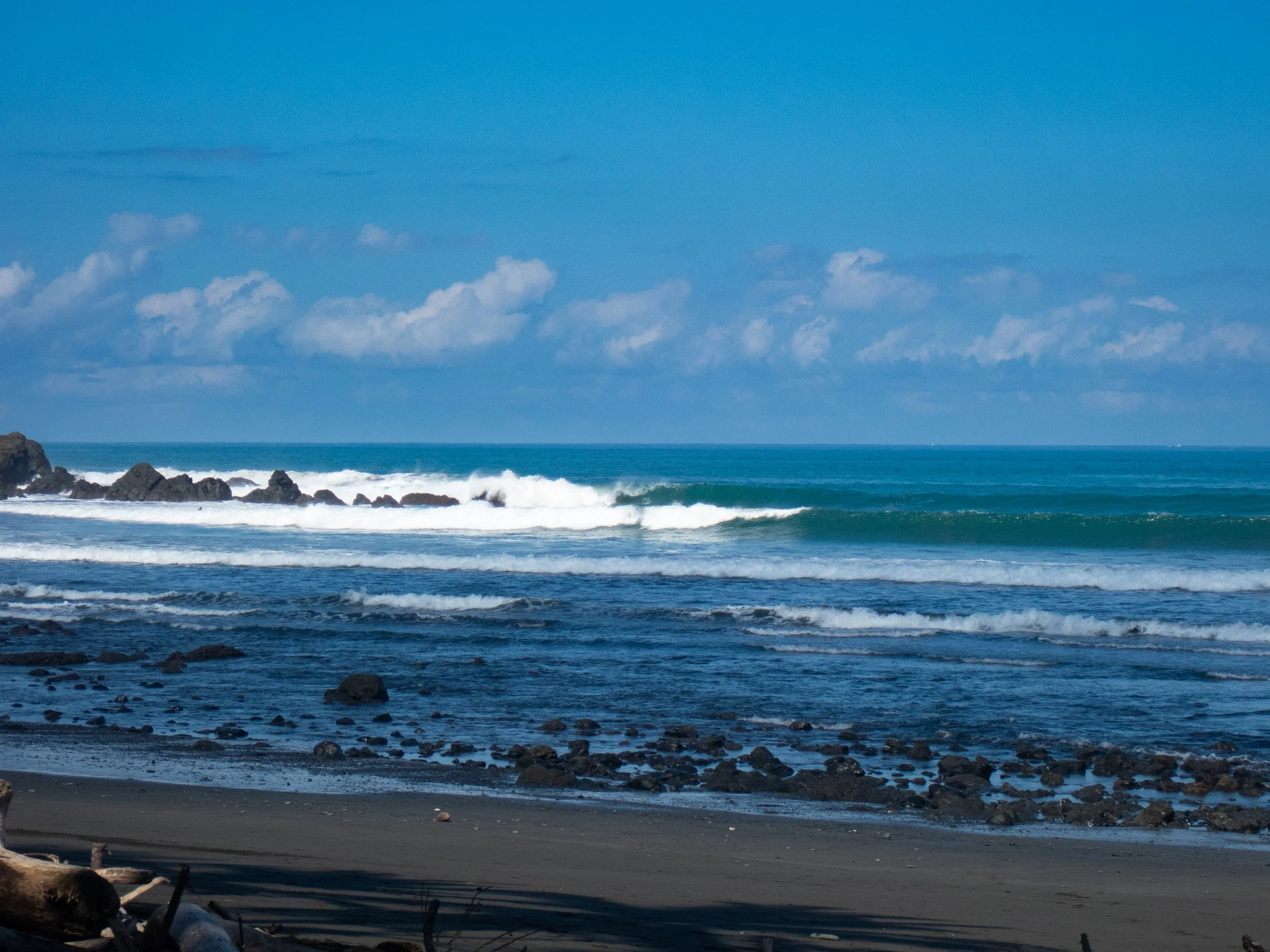 A view of the ocean with blue sky, some clouds, waves, rocks in the shoreline, and tree roots or driftwood in the foreground.