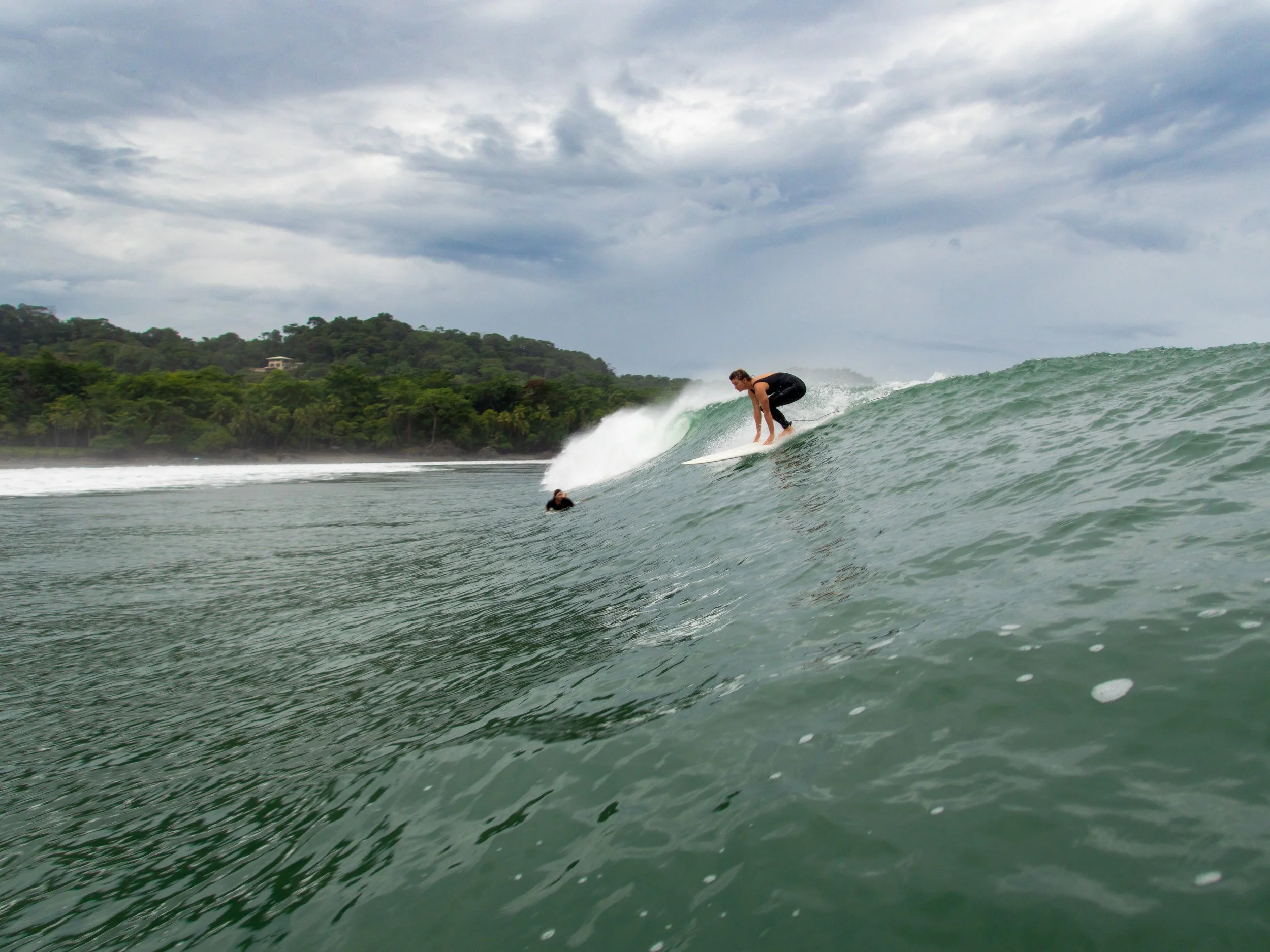 A surfer riding a wave near a forested coastline under a cloudy sky.