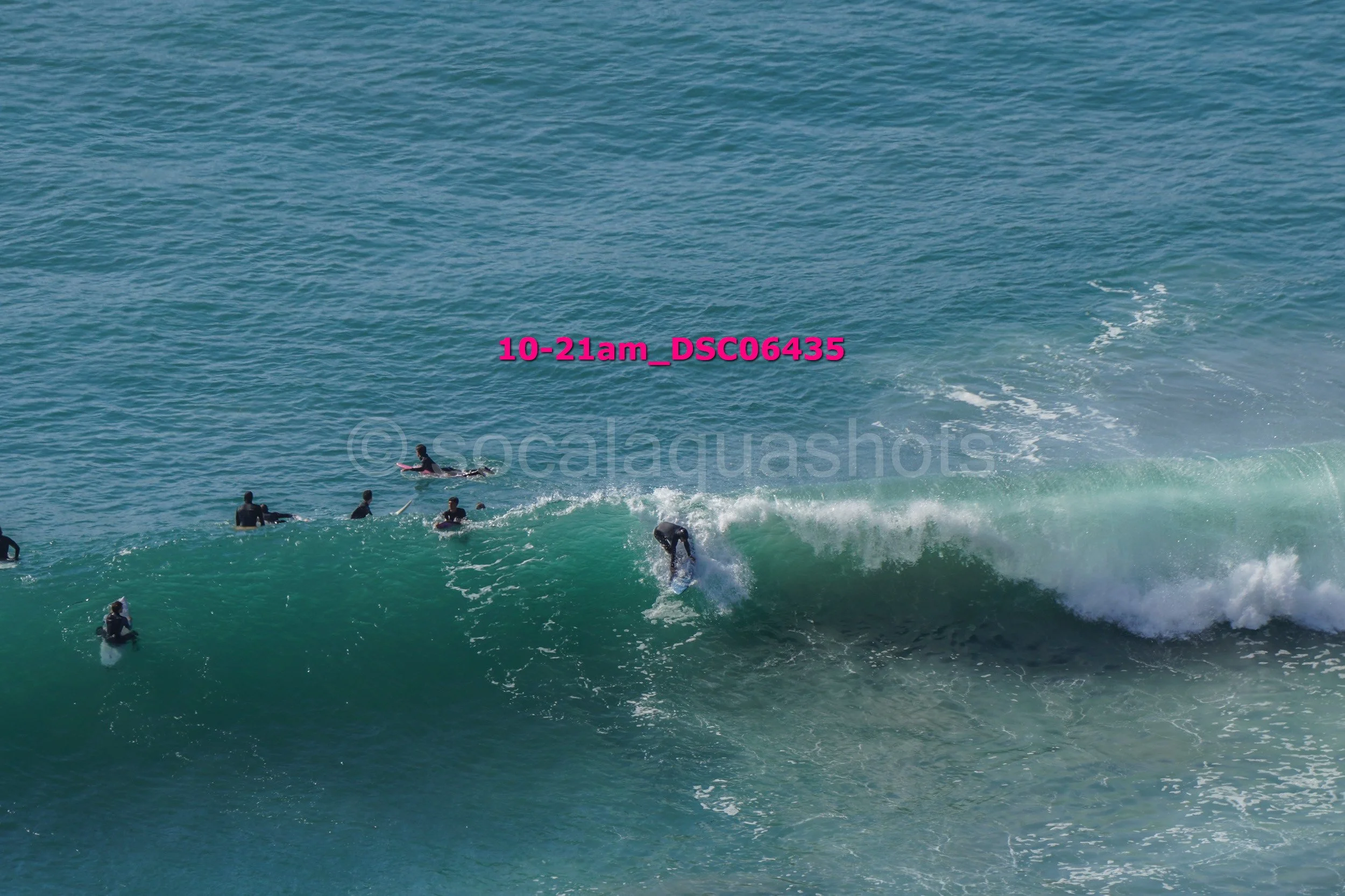 A group of surfers waiting in the water for waves with one surfer riding a wave.