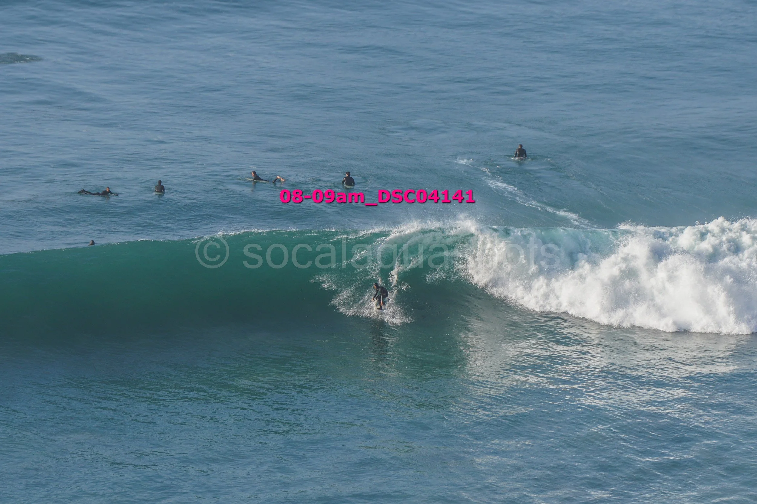 Surfer riding a wave with several surfers in the water in the background.