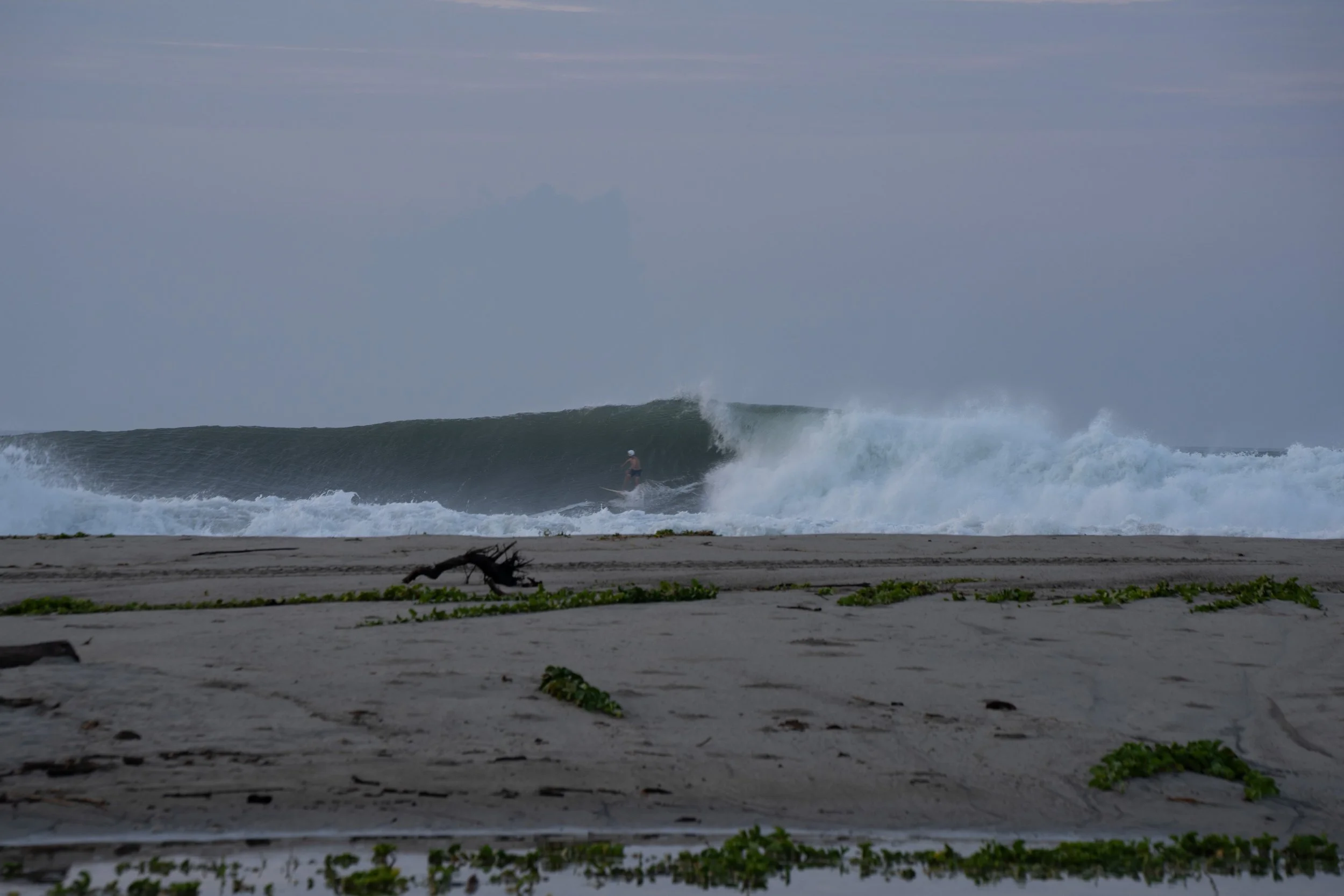 A beach scene with ocean waves and a surfer riding a wave, under a cloudy sky.