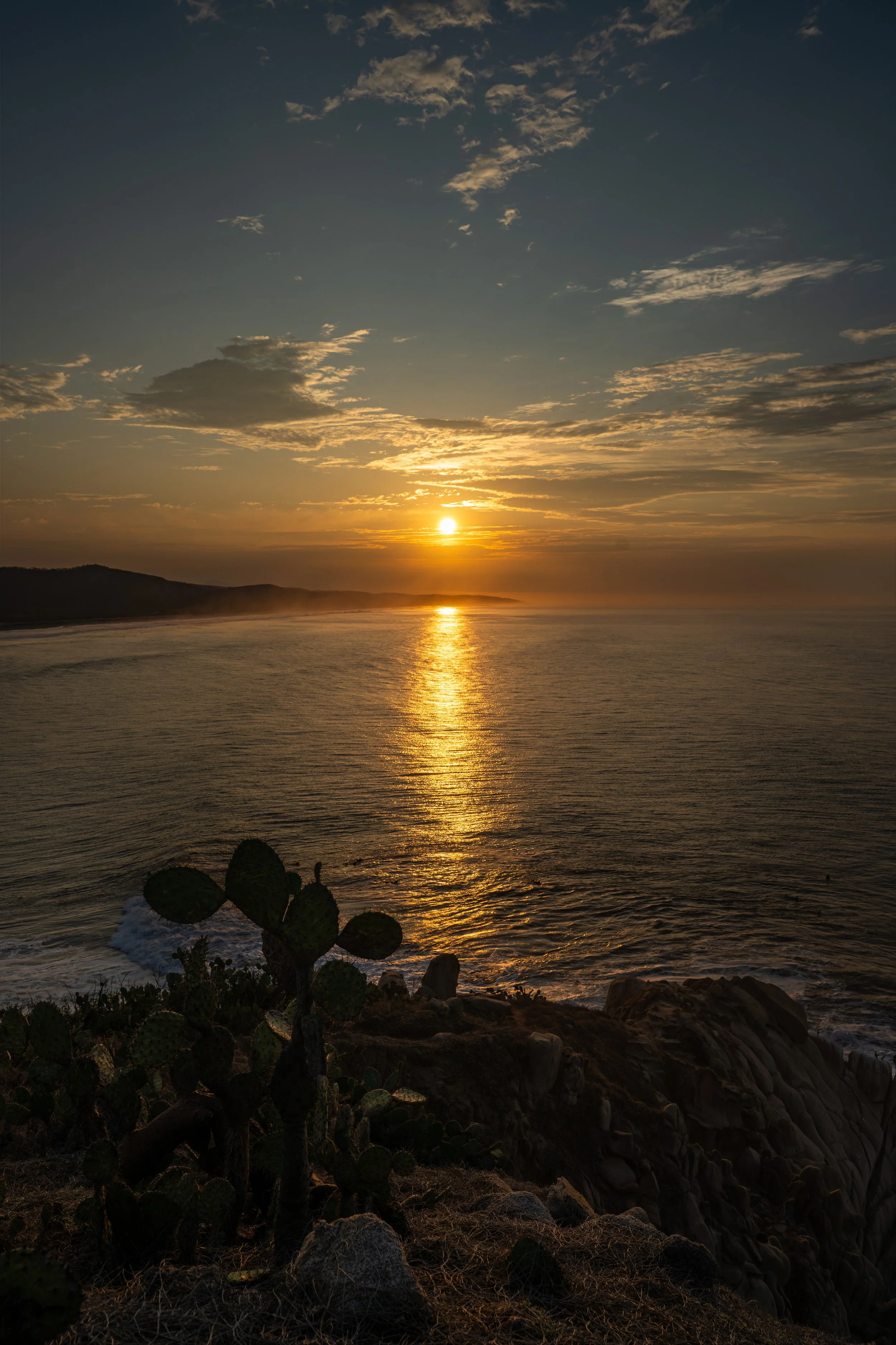 Sun setting over the ocean, with clouds in the sky and a silhouette of cactus plants and rocks in the foreground.