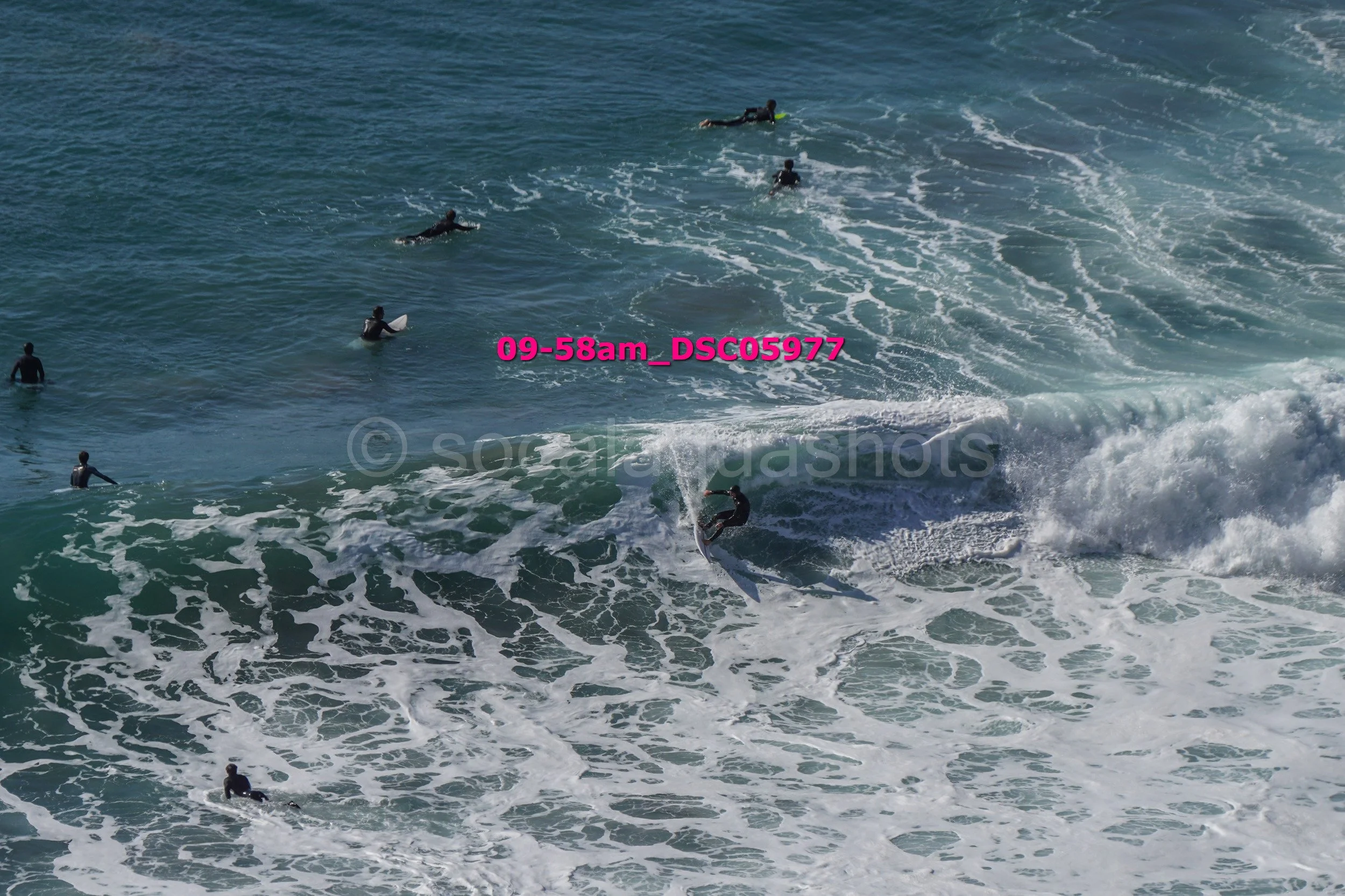People in the ocean, some swimming and one surfing a wave.