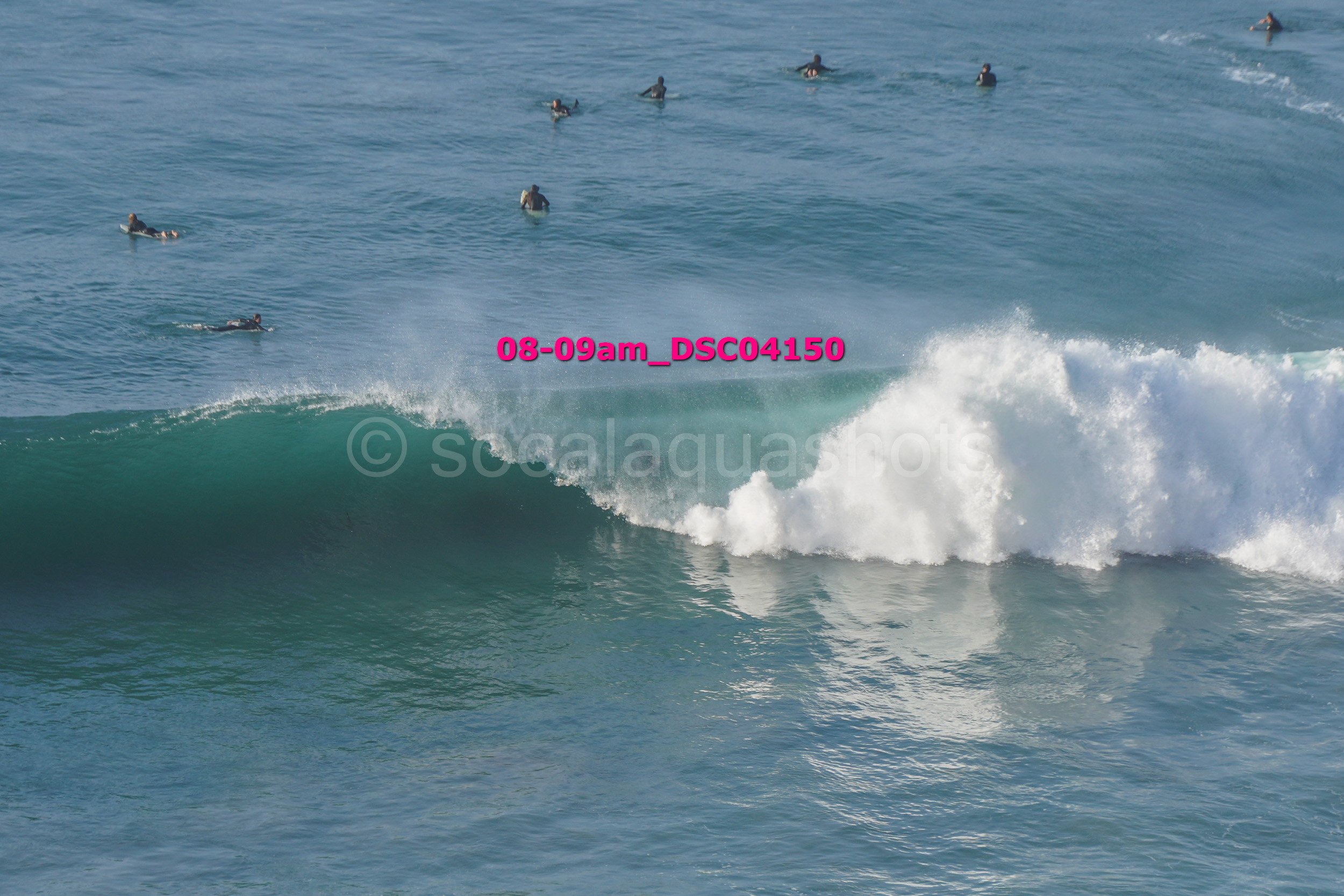 Surfing scene with multiple surfers in the ocean and a wave breaking in the foreground.