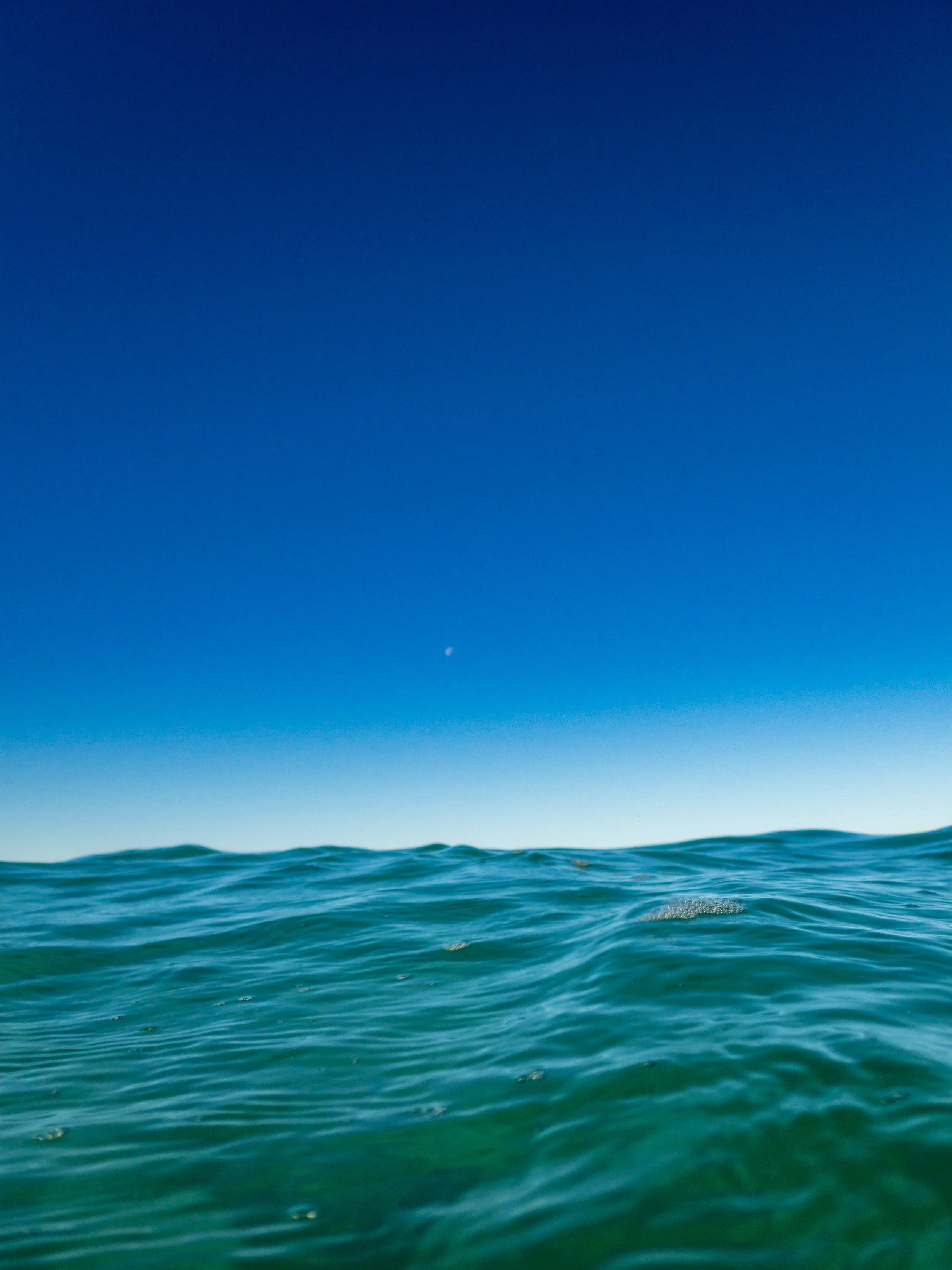 Ocean waves under a clear blue sky with a visible moon.