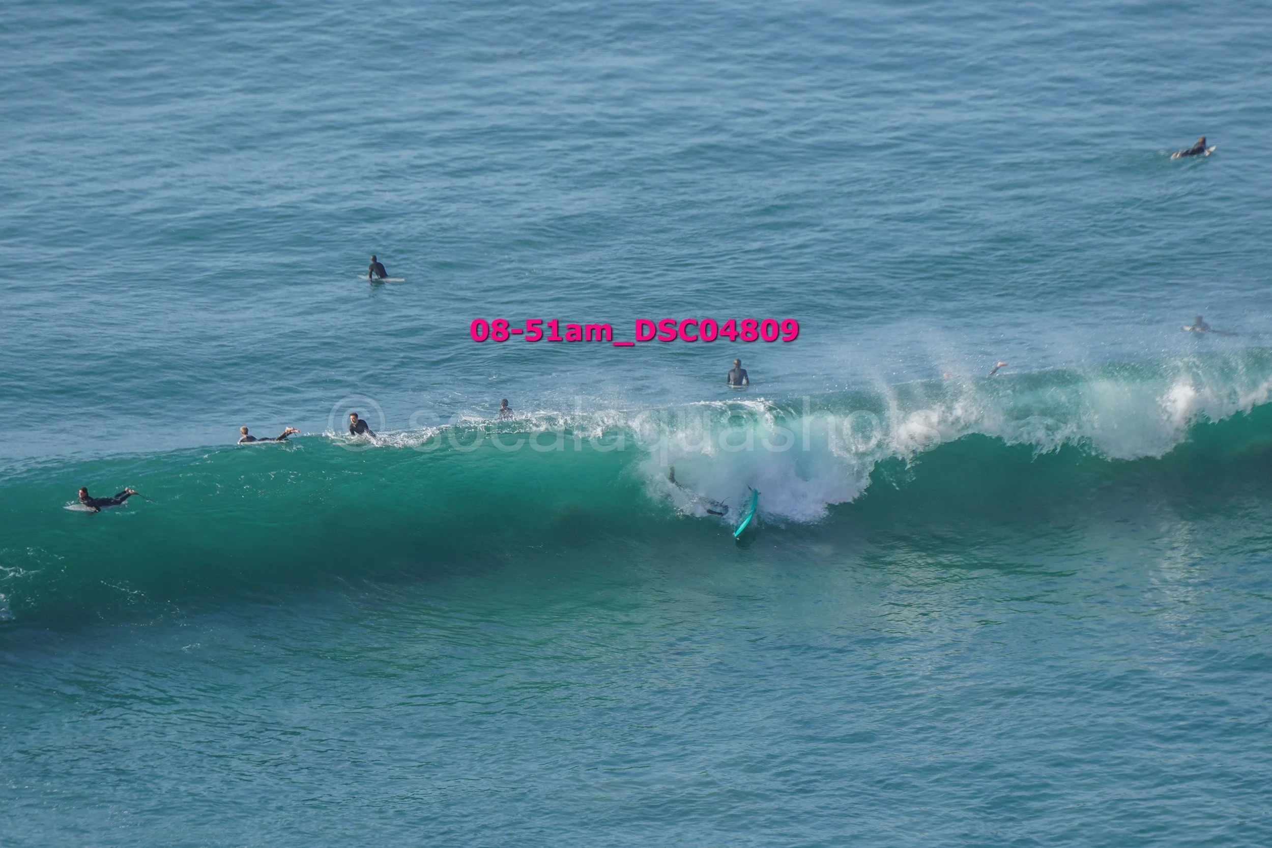 Surfers in the ocean, some riding a wave and others swimming or waiting in the water.