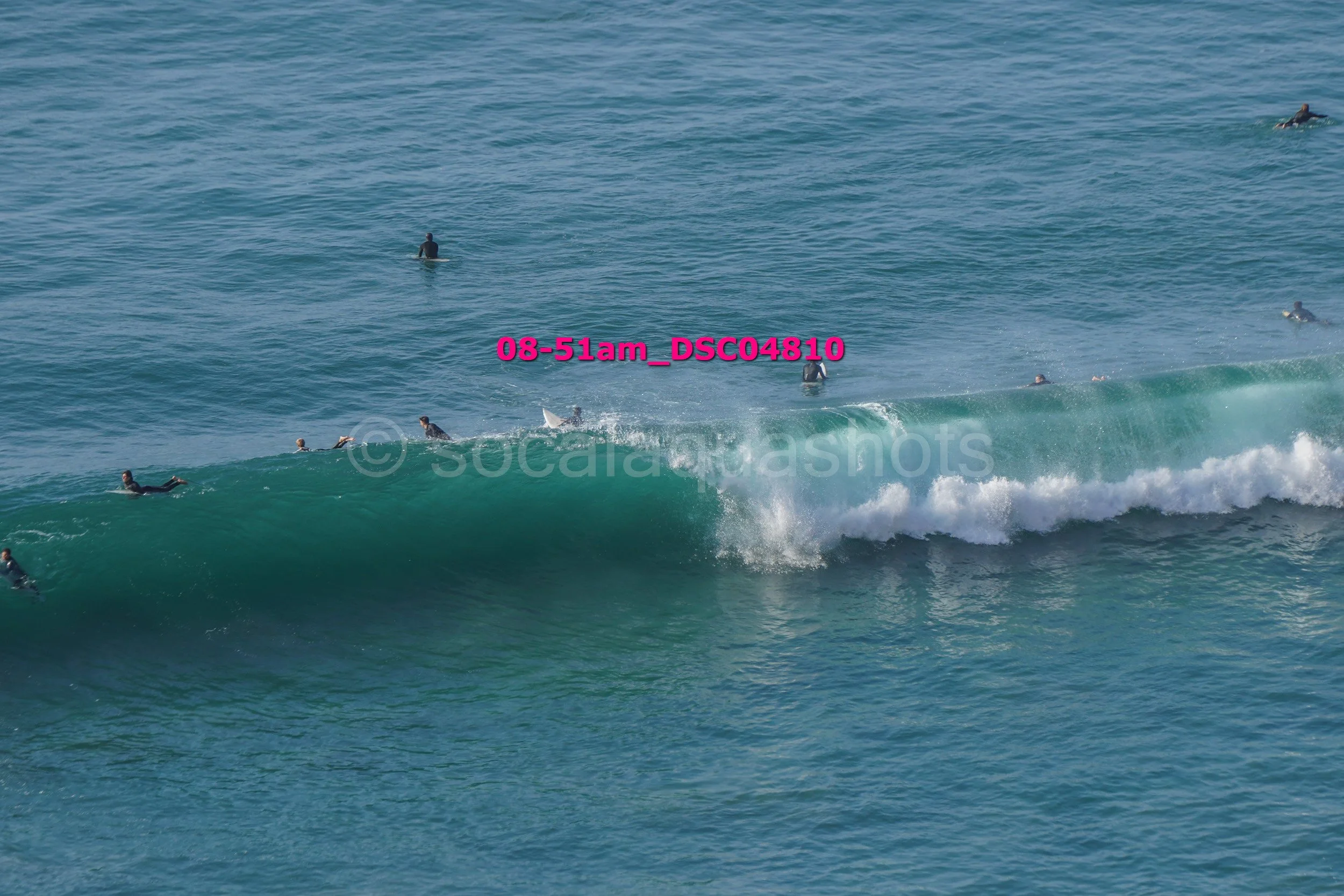 Multiple surfers in wetsuits riding and waiting for waves in the ocean, with some surfers sitting or floating on their boards.