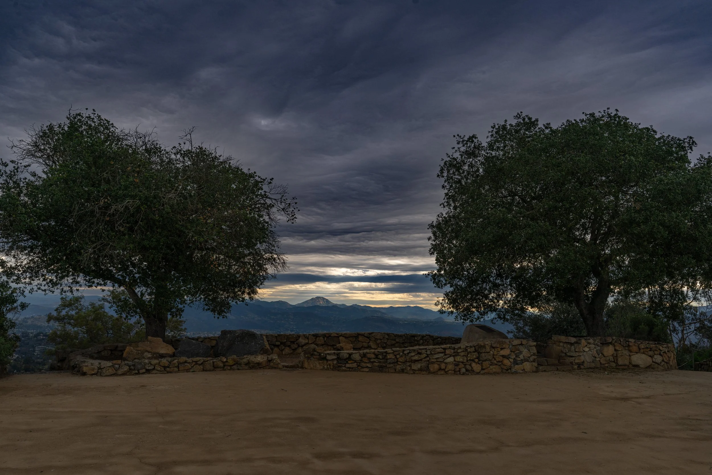 Two large trees with green leaves and spreading branches are situated on a stone and dirt ground. The background features mountain ranges under a cloudy dark sky, suggesting early evening or dawn.