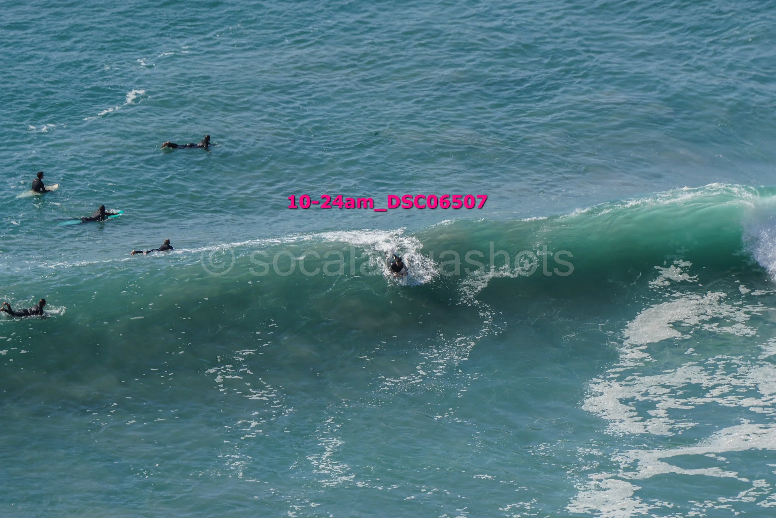 A group of surfers in wetsuits riding and waiting for waves in the ocean.